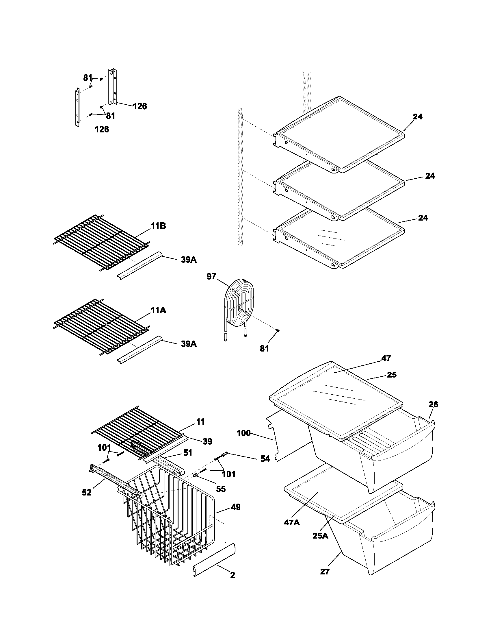 Frigidaire FRS26KW3AB5 shelves diagram