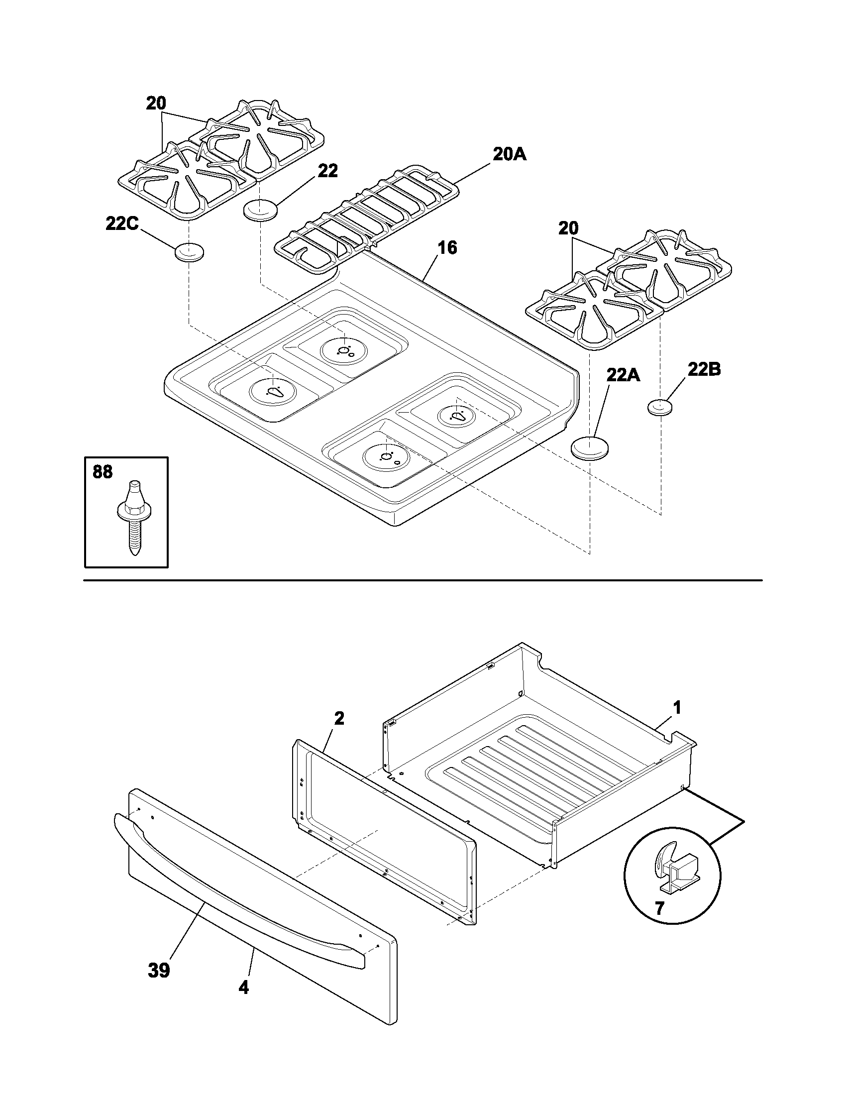Frigidaire FGFL88ACA top/drawer diagram