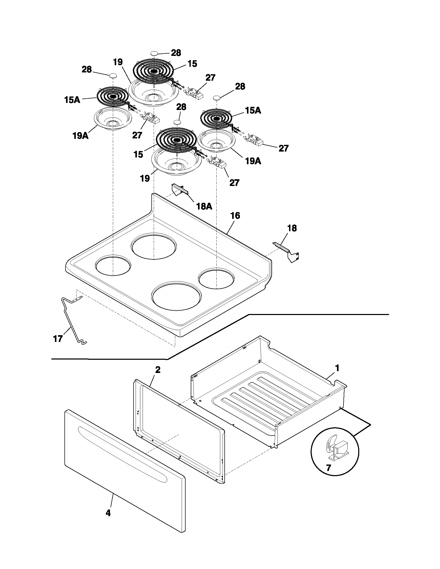 Frigidaire FEF326ASD top/drawer diagram