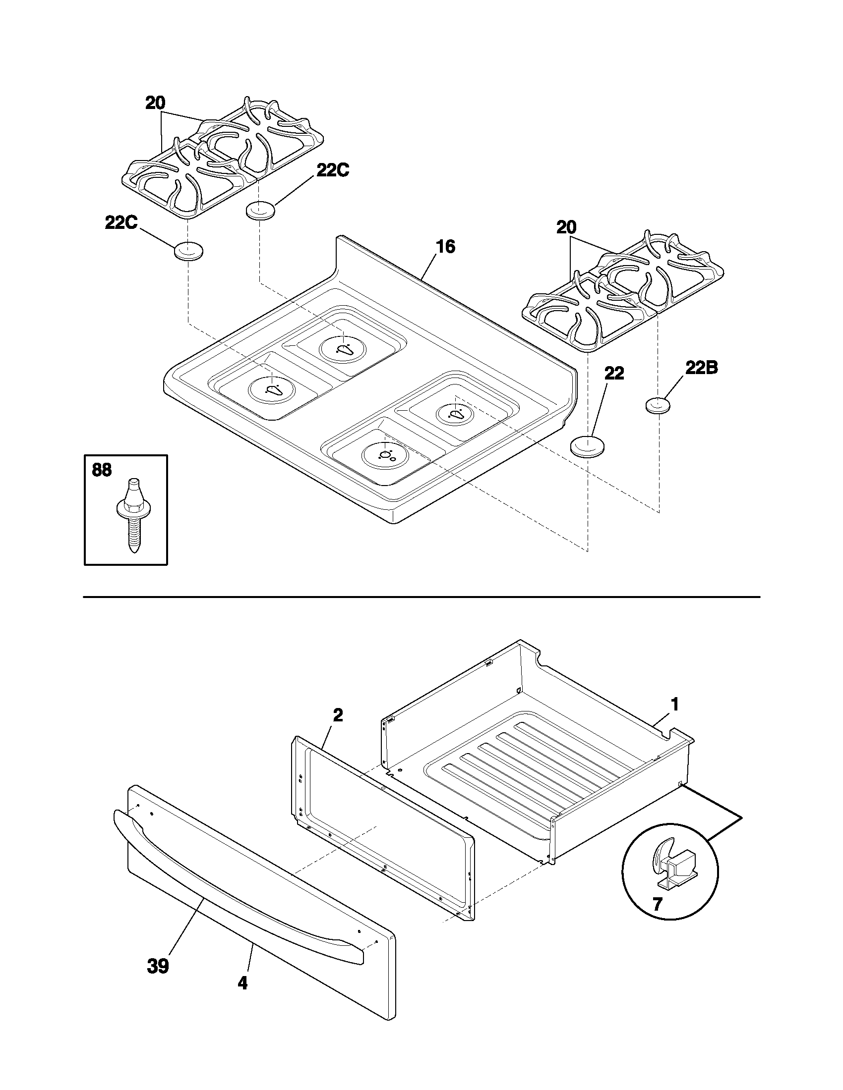 Frigidaire FGF378ACF top/drawer diagram