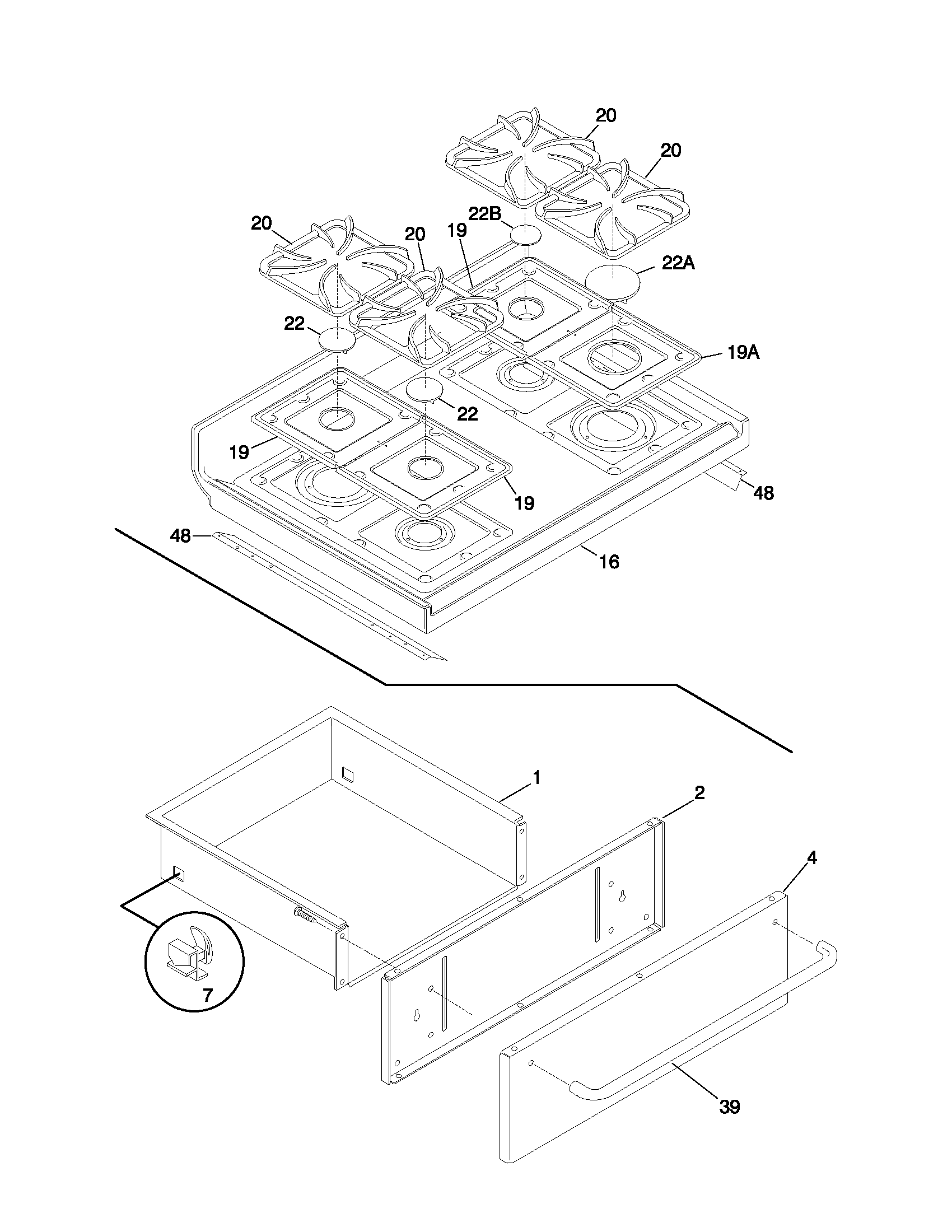 Frigidaire FGF377WJCB top/drawer diagram