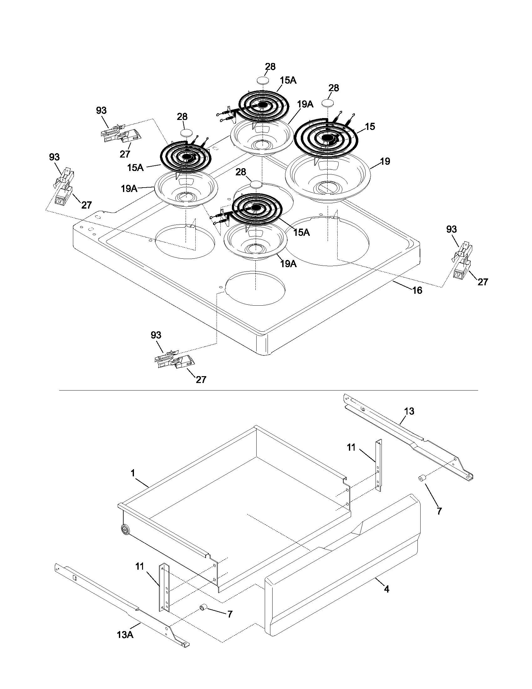 Tappan TEF242BU1 top/drawer diagram