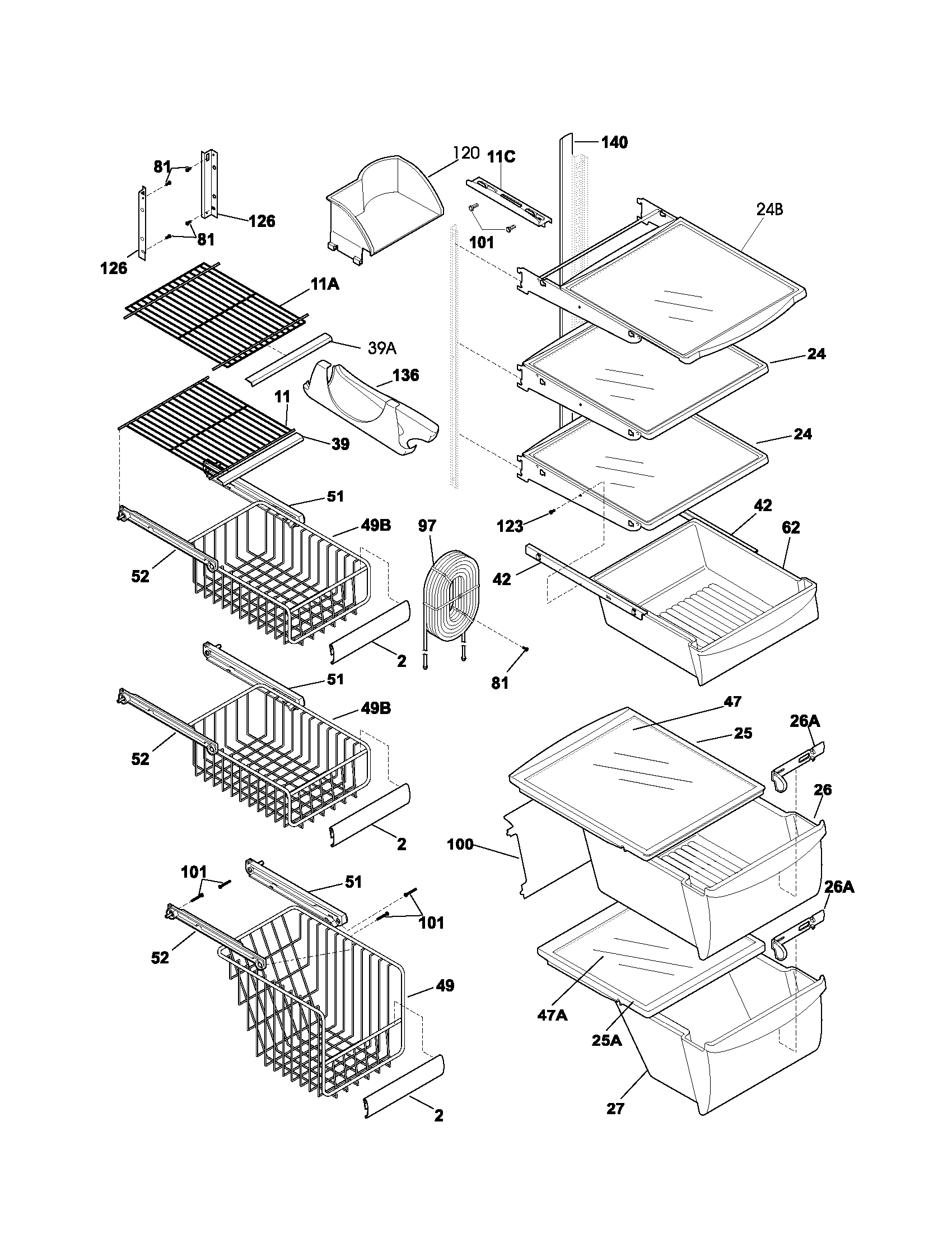Frigidaire NGS26ZZAW5 shelves diagram