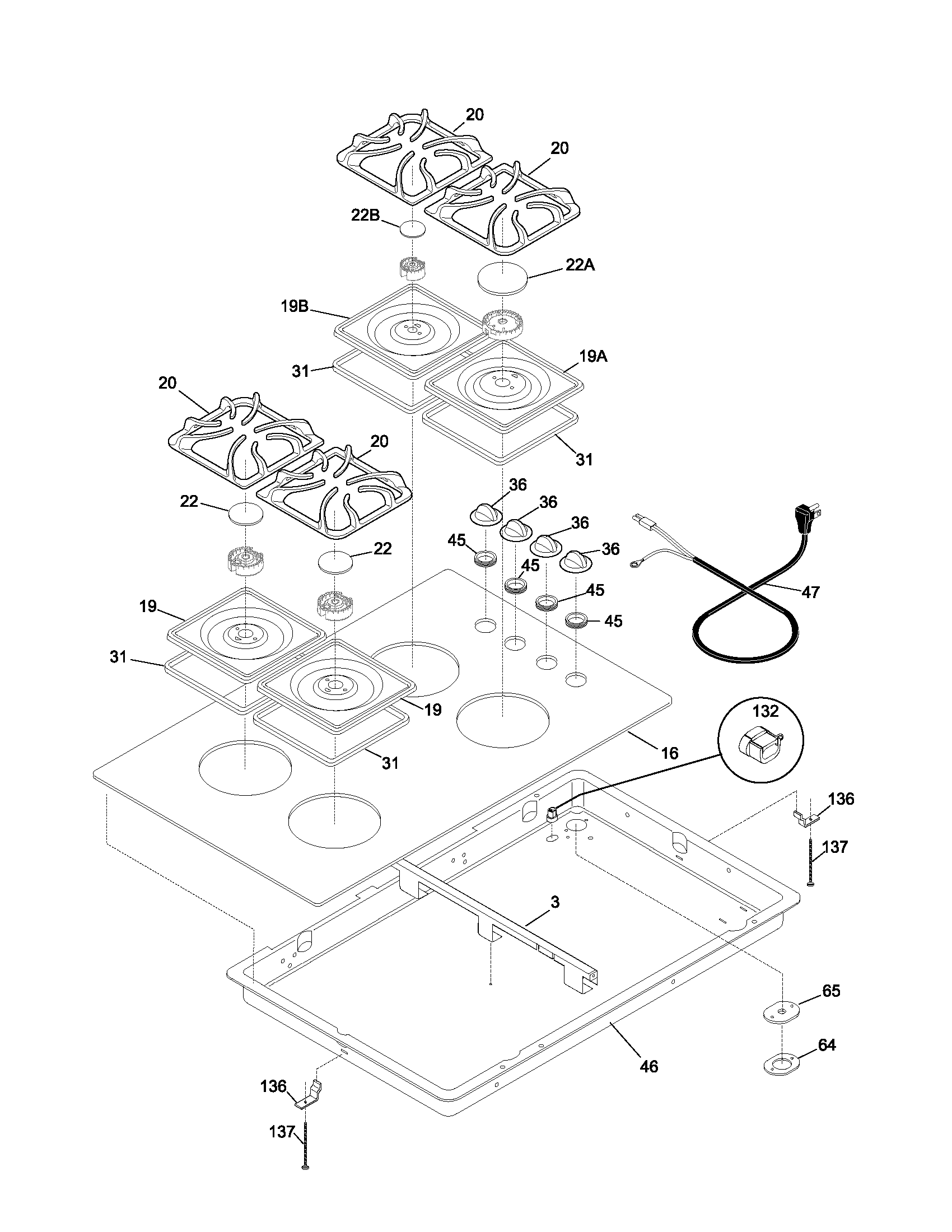 Frigidaire GLGC30S8CQA cooktop diagram