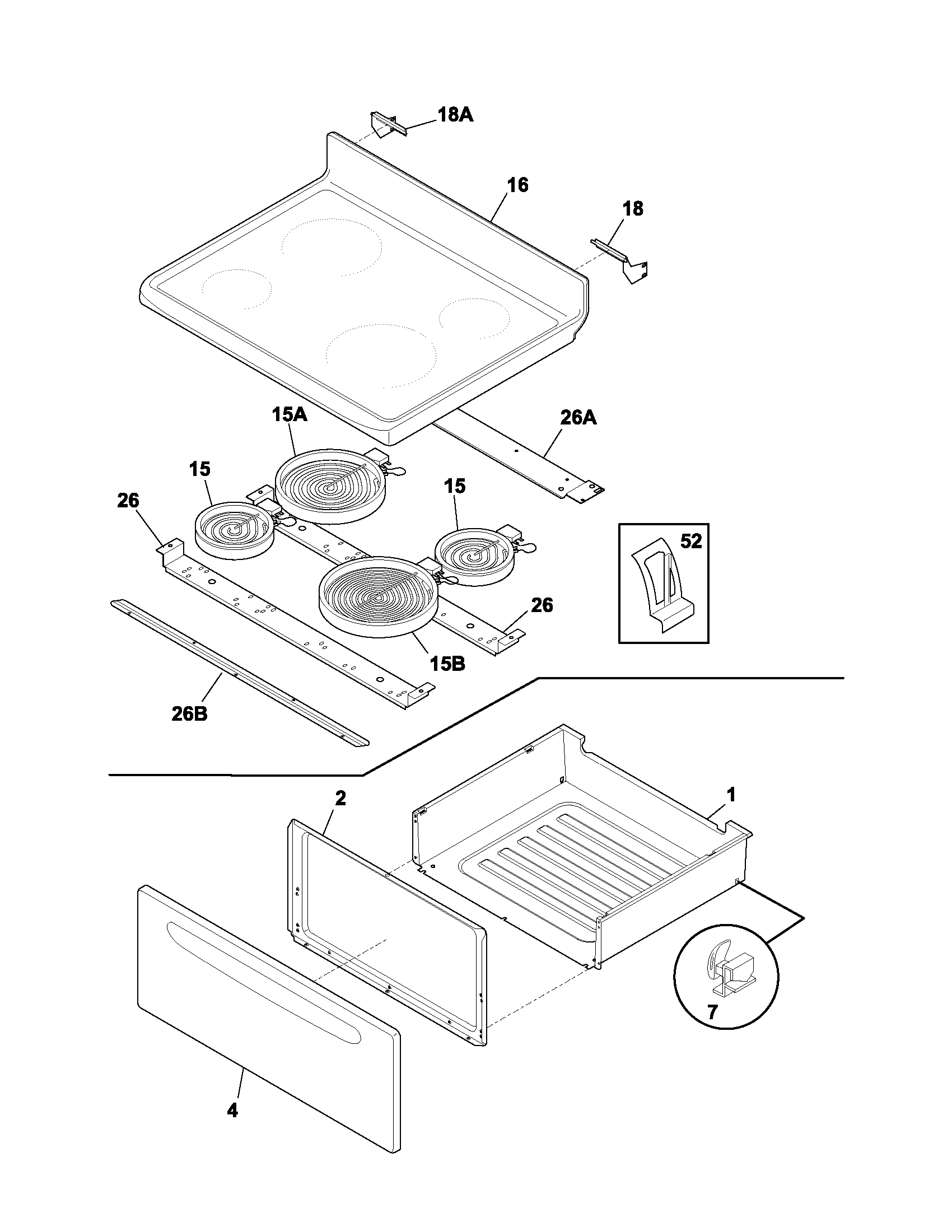 Frigidaire FEF366ASF top/drawer diagram
