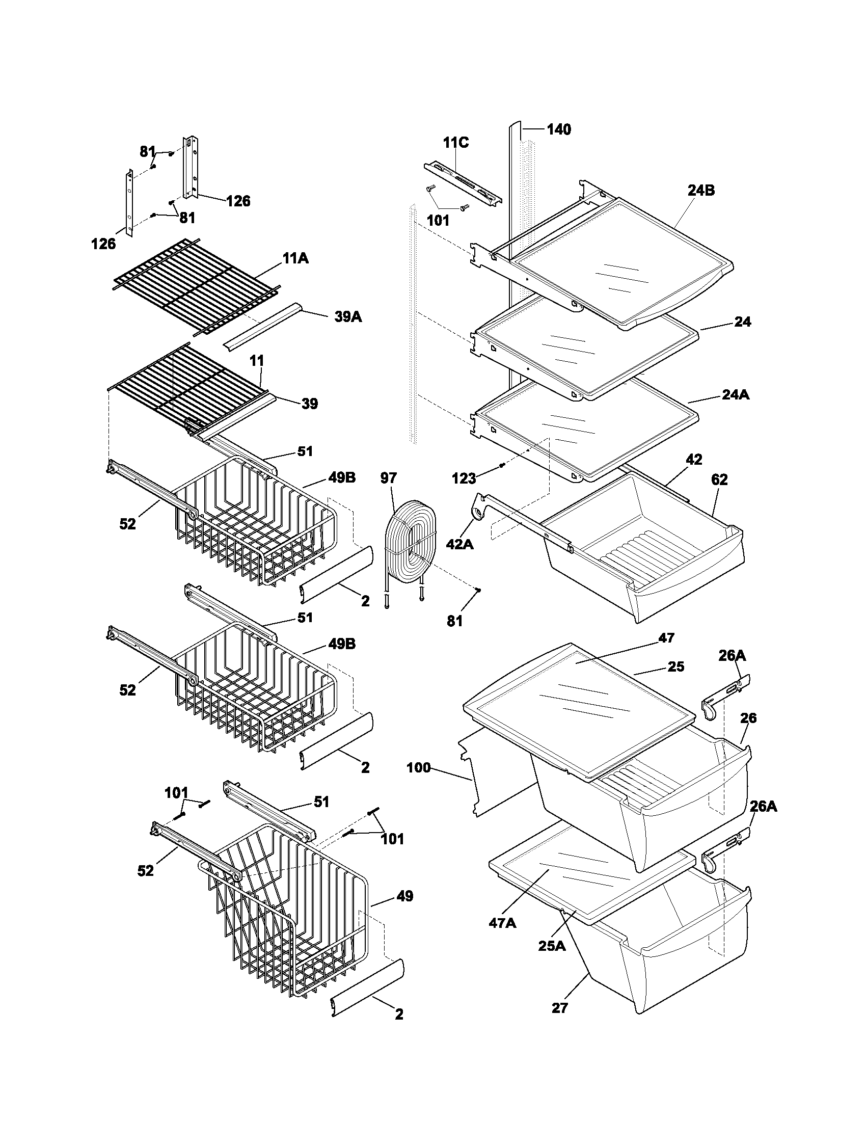Frigidaire FRS26HBBSB3 shelves diagram