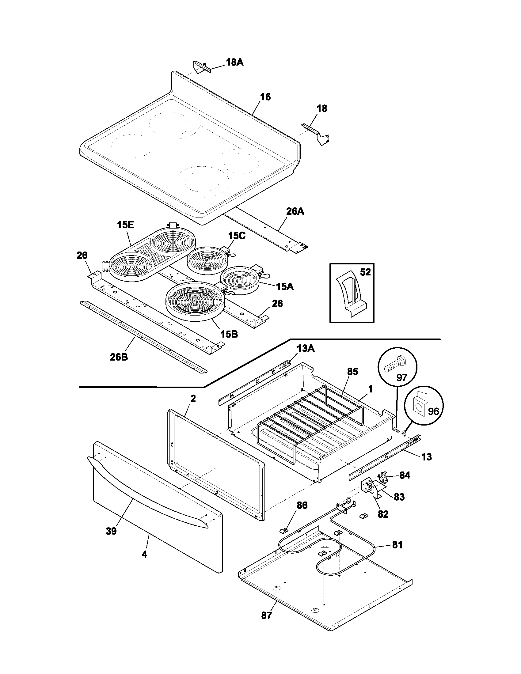 Frigidaire PLEF398ACC top/drawer diagram