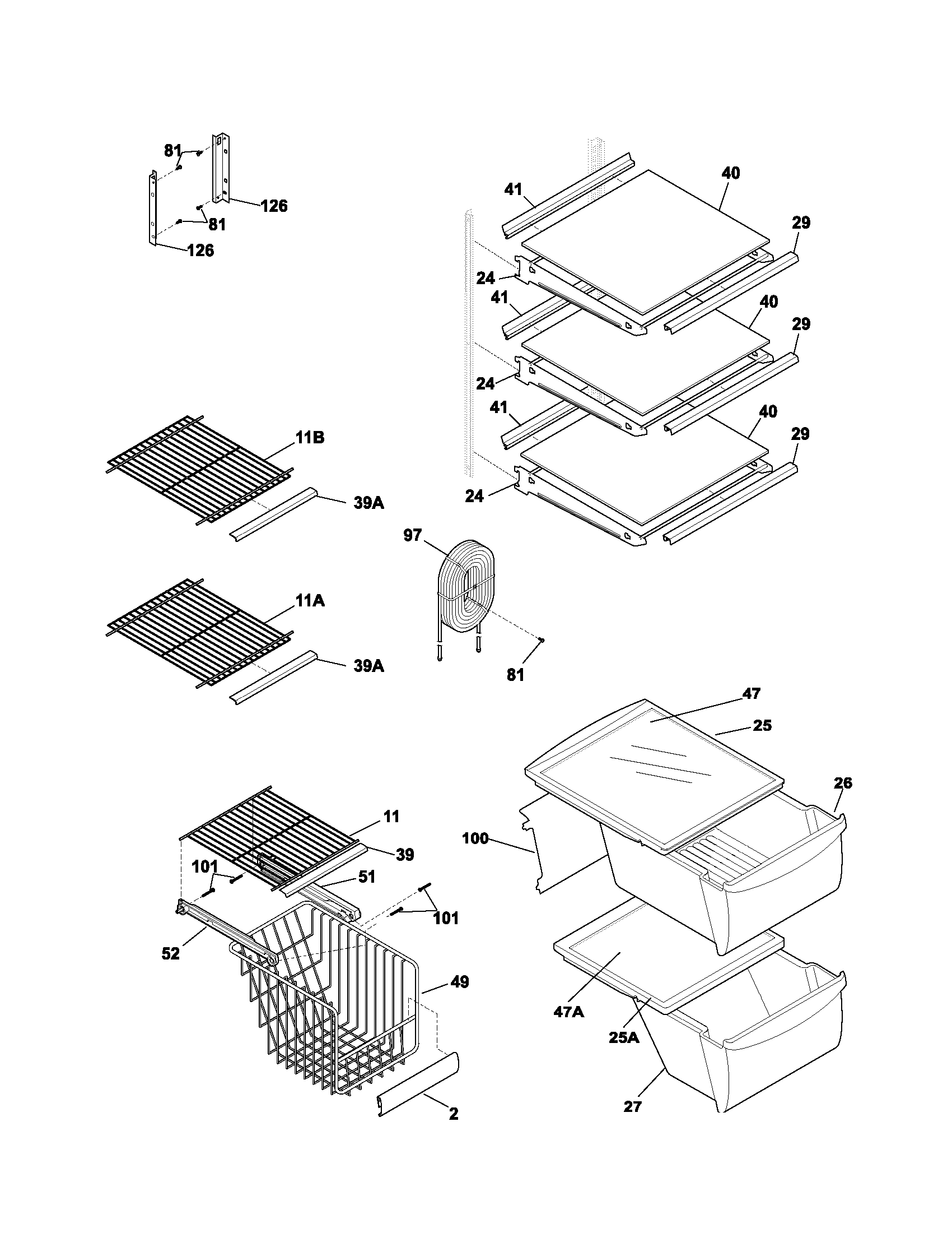 Frigidaire FRS26W2BSB3 shelves diagram