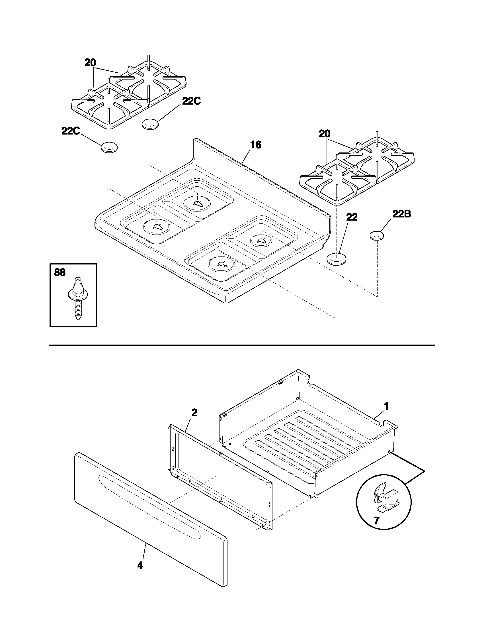 Tappan TGF364ASE top/drawer diagram