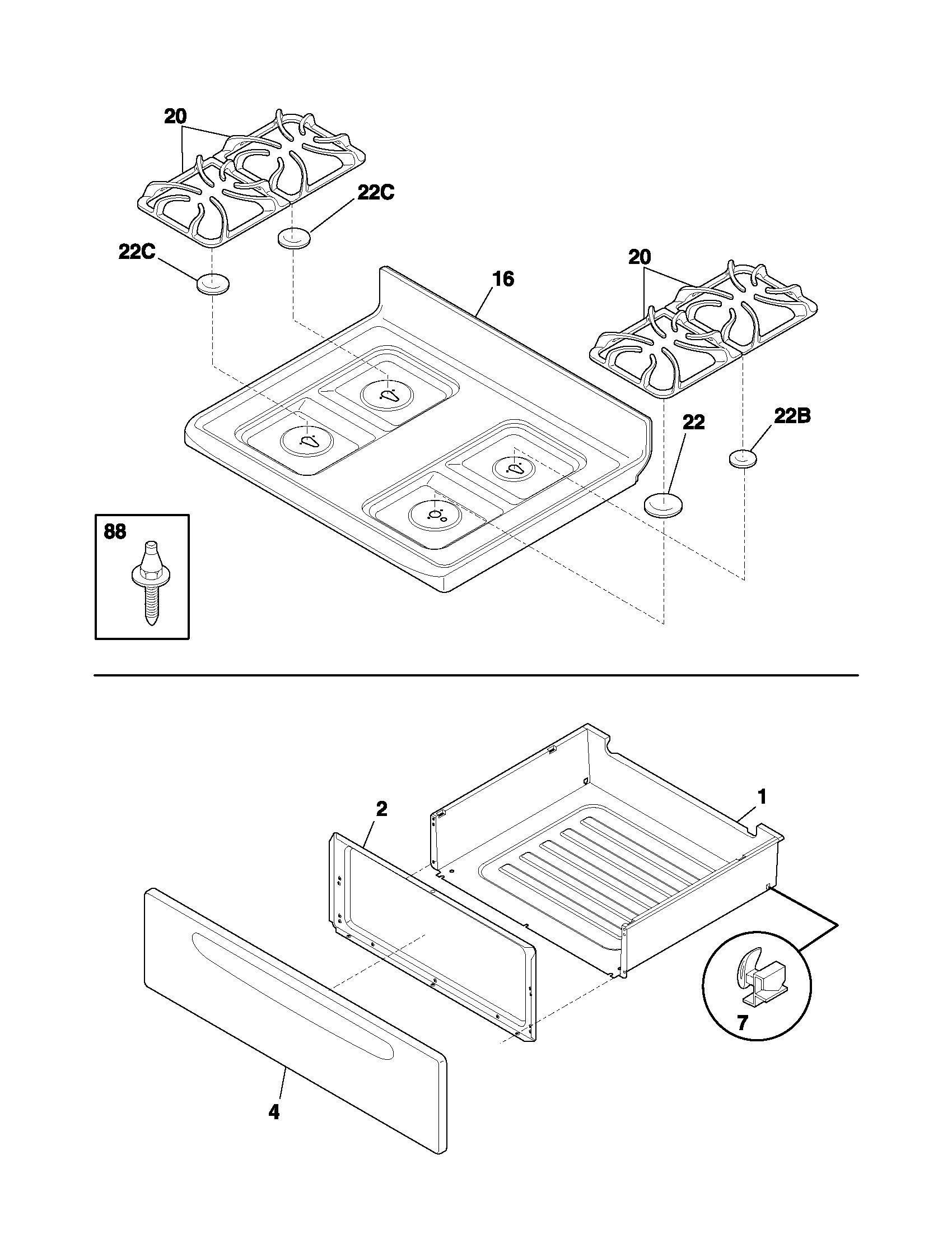 Frigidaire GSG3PZBQC top/drawer diagram