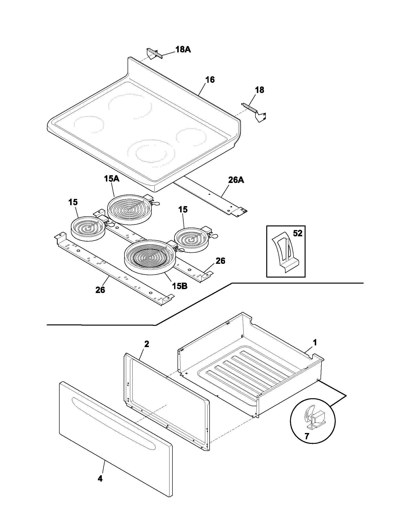 Frigidaire FEF365BXCWA top/drawer diagram