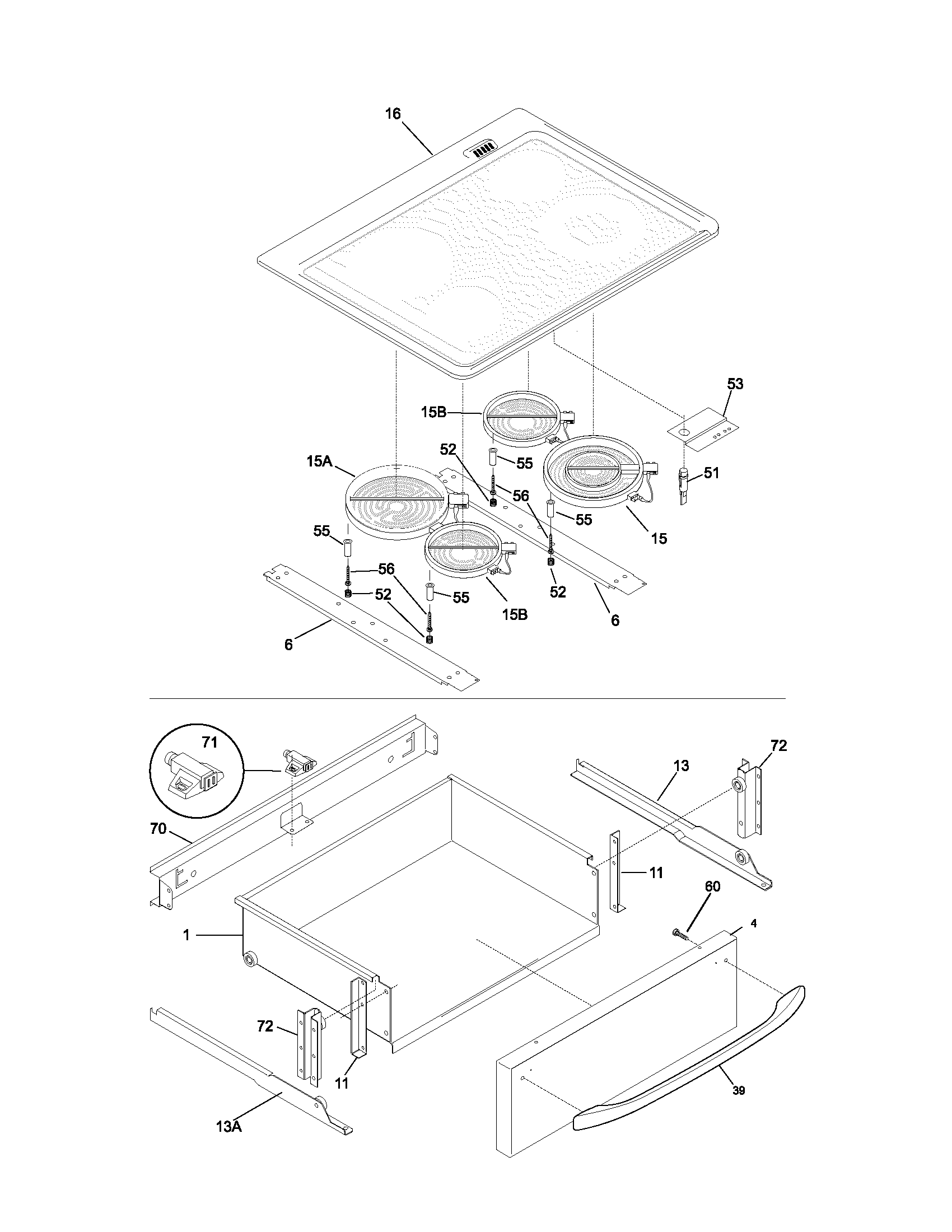 Frigidaire FES367BCC top/drawer diagram