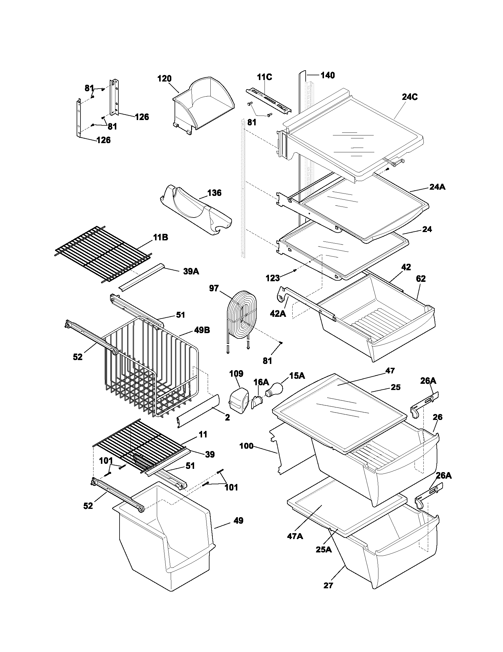 Frigidaire FRS26BH6CW0 shelves diagram