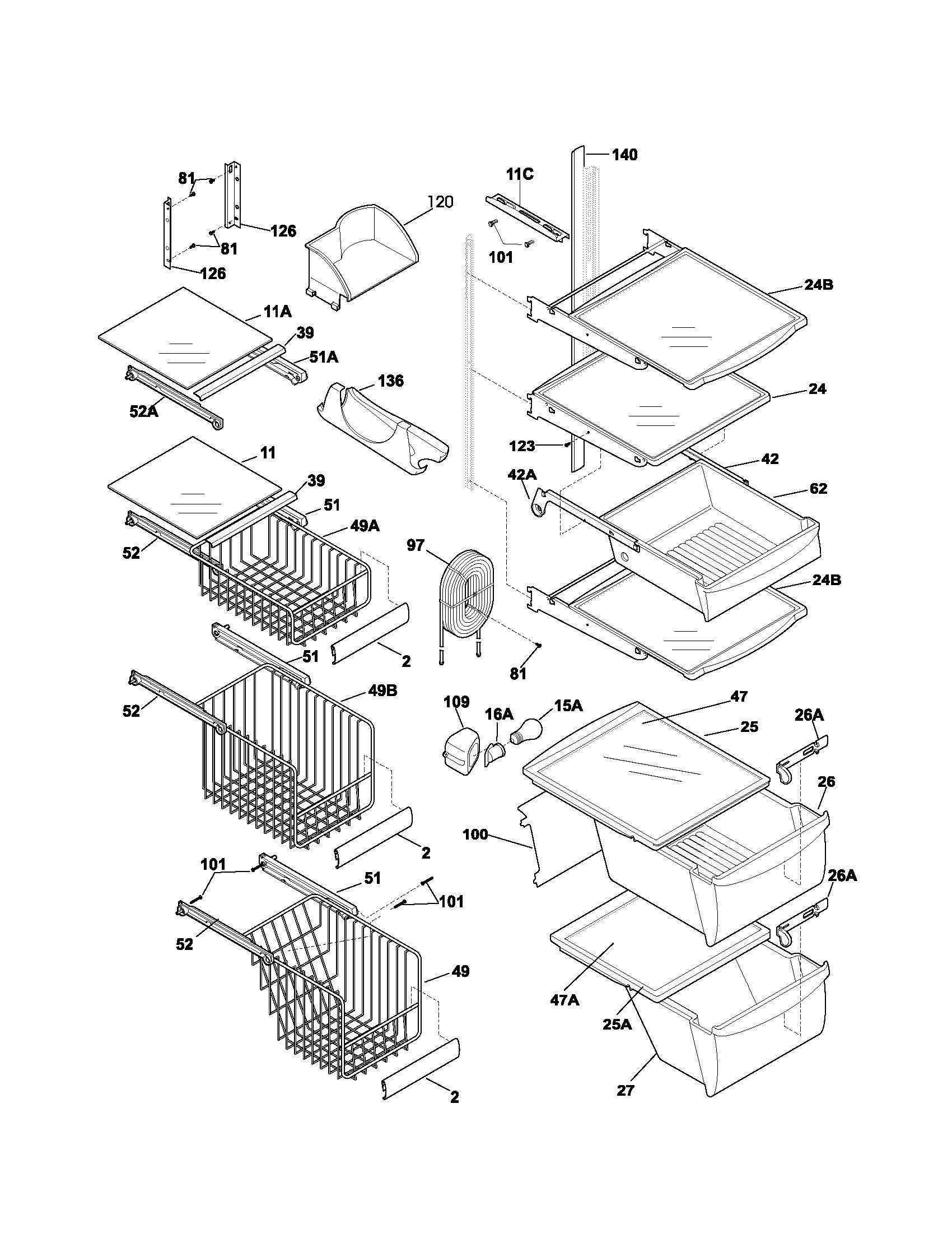 Frigidaire GLRS267ZAB6 shelves diagram