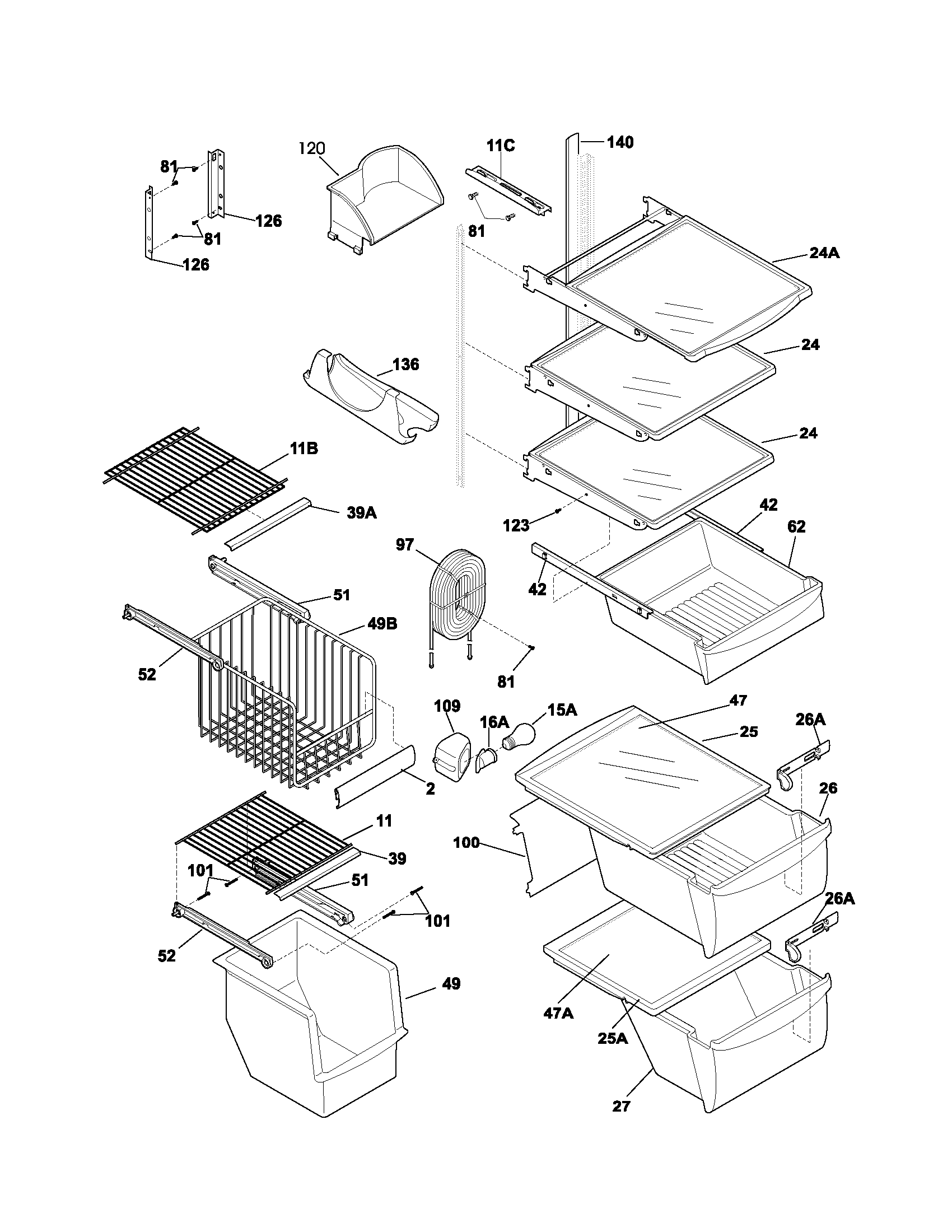 Frigidaire FRS26BH5CB0 shelves diagram