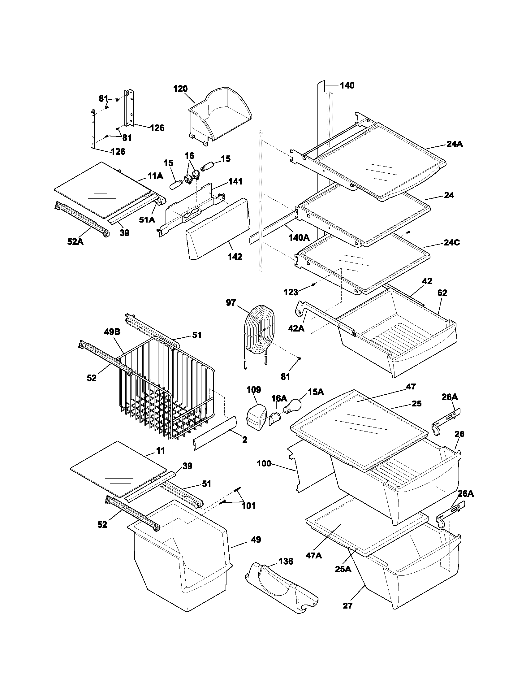 Frigidaire FRS23H7CW0 shelves diagram