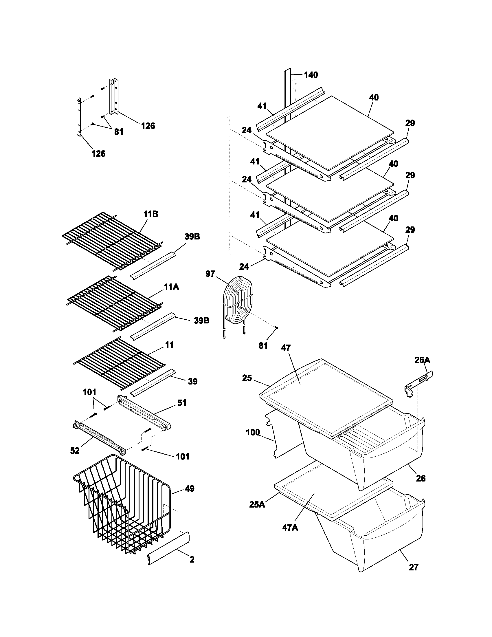 Frigidaire FRS26RBCW0 shelves diagram