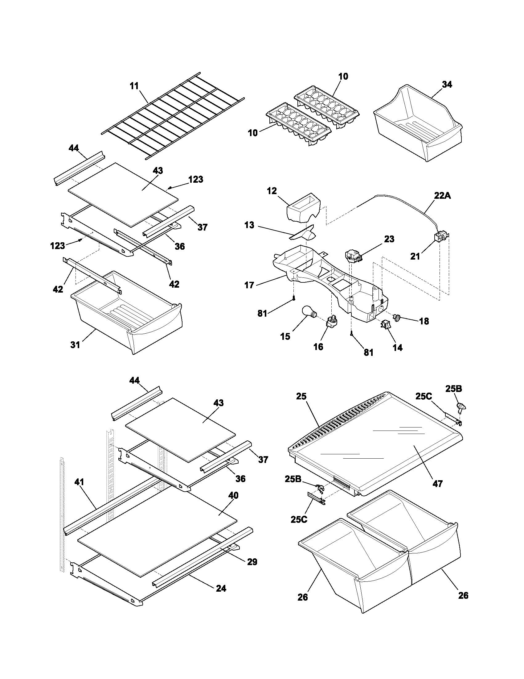 Frigidaire FRT21P6CQ0 shelves diagram