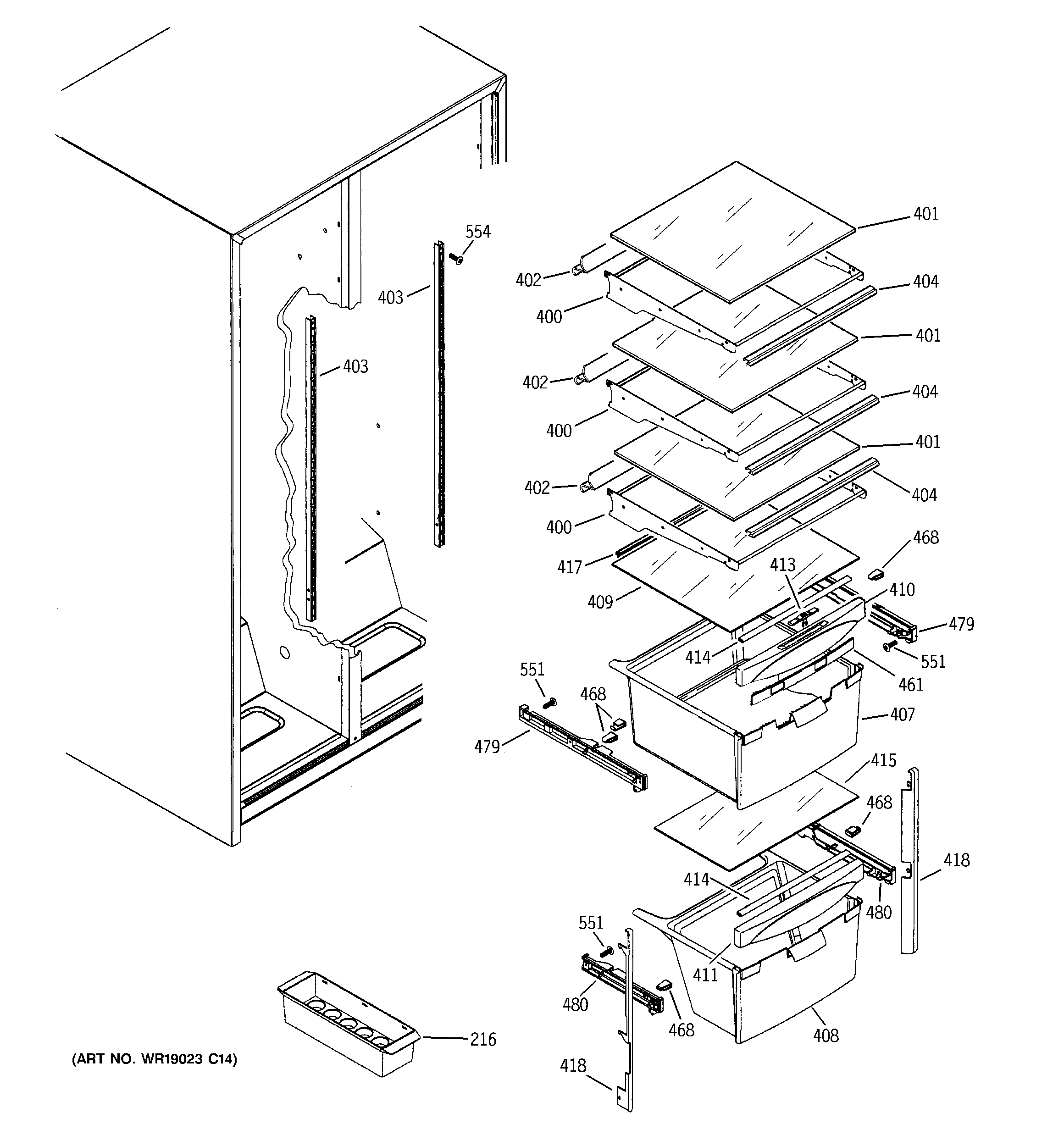 RCA RSG25KEPAFWW fresh food shelves diagram