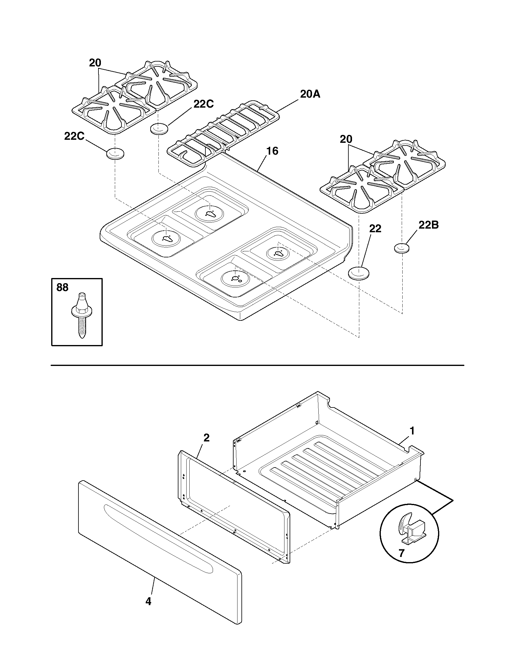 Frigidaire GSG3PZCQA top/drawer diagram