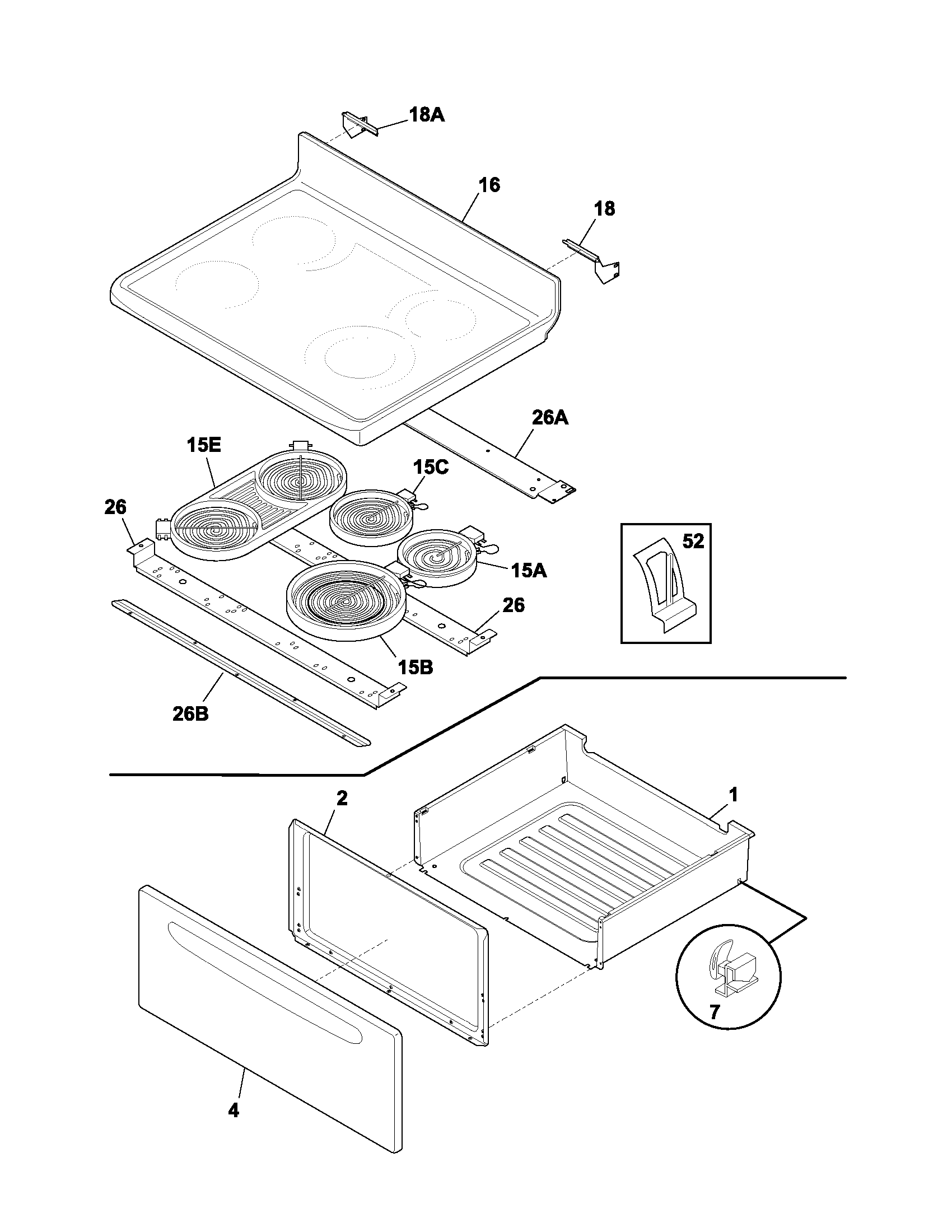 Frigidaire GLEF396CQB top/drawer diagram