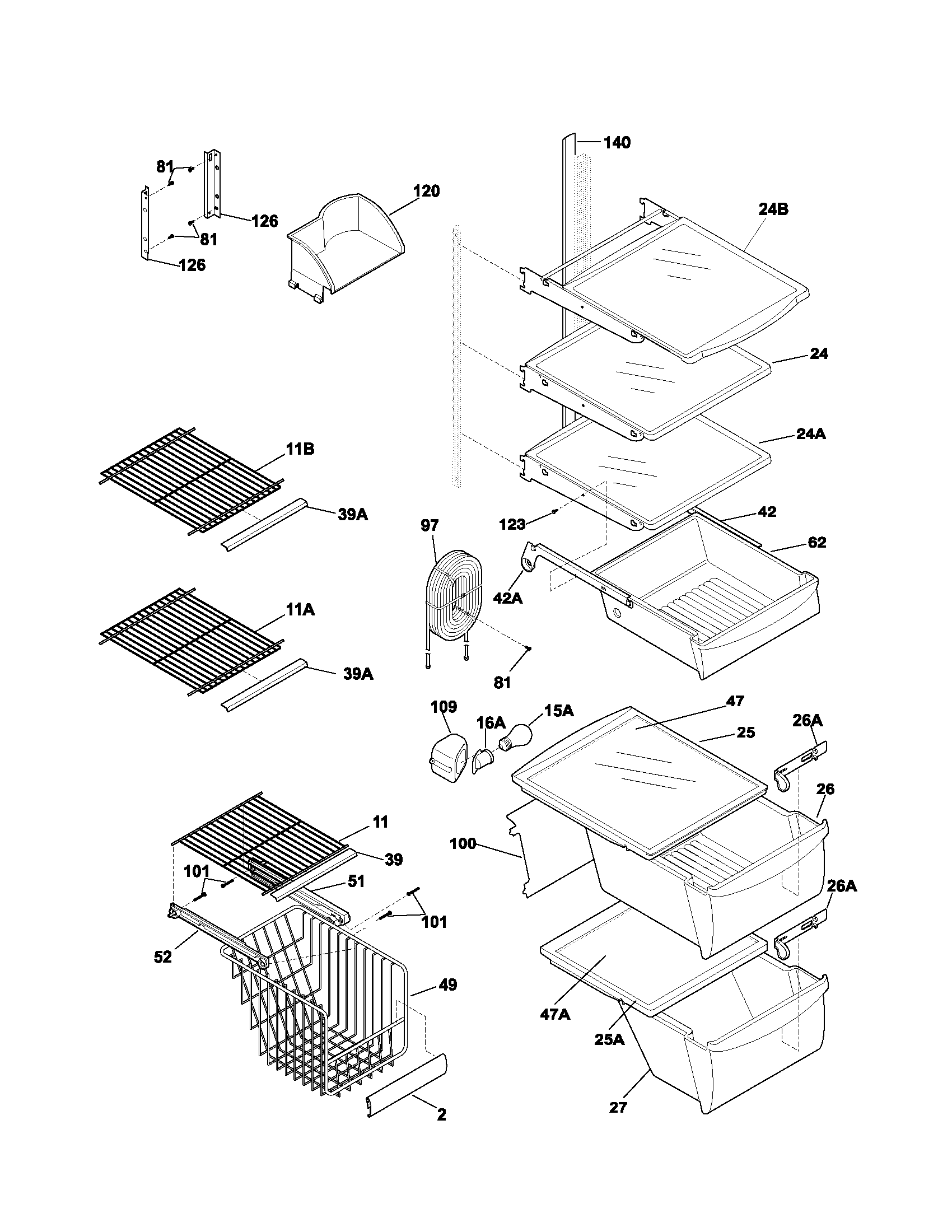 Frigidaire FRS23KF6CB1 shelves diagram