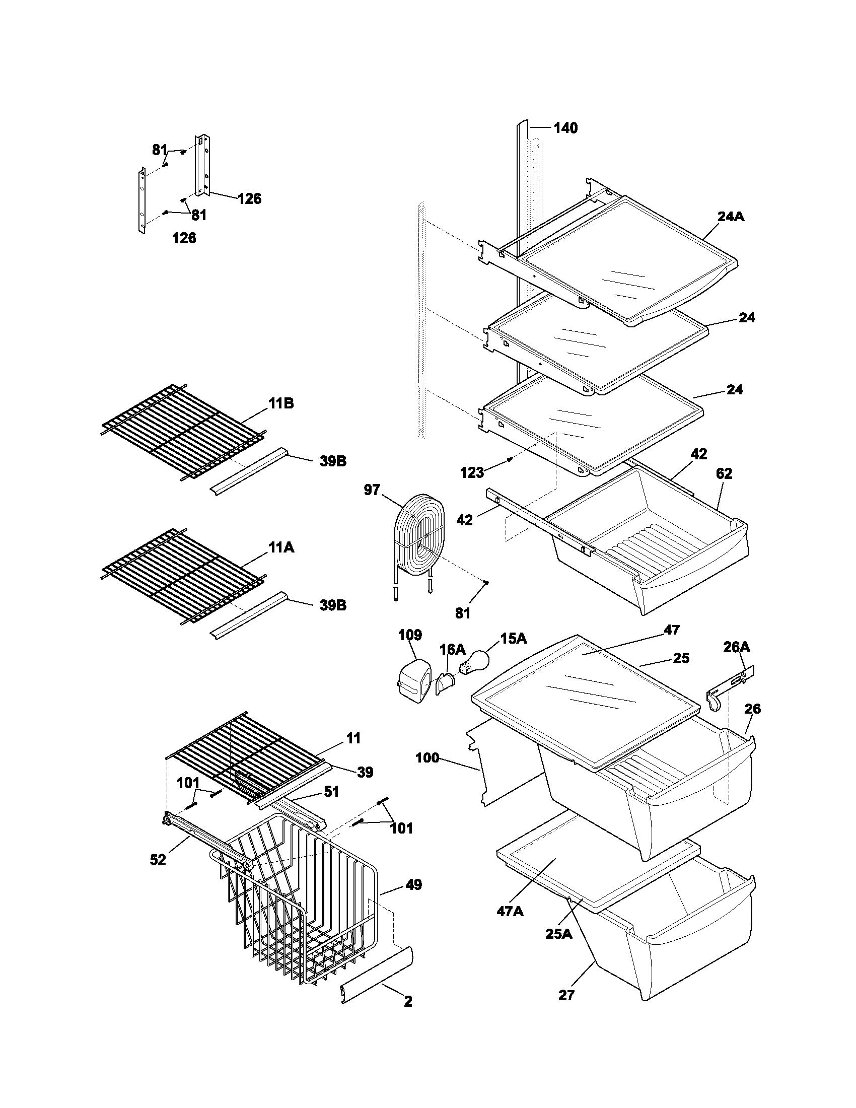 Frigidaire FRS26KF5CW1 shelves diagram