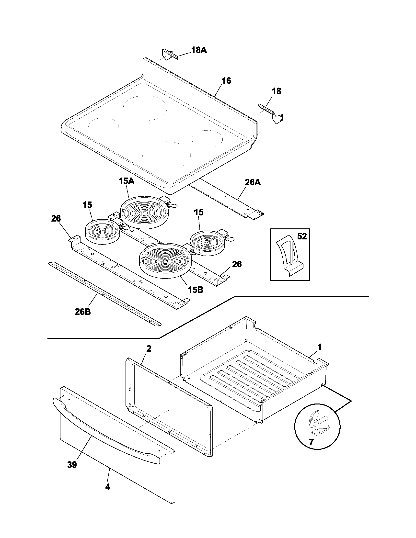 Frigidaire FEF336BCD top/drawer diagram