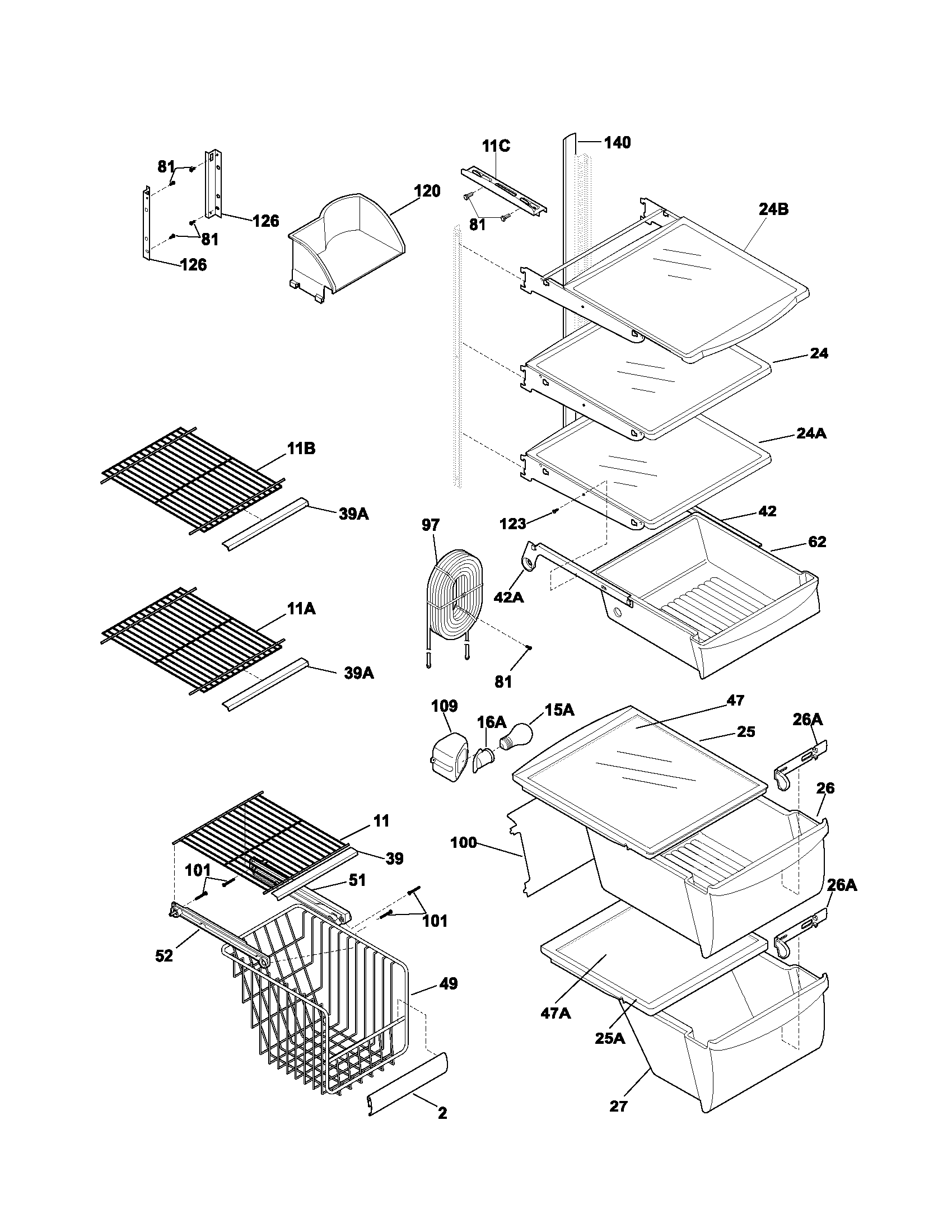 Frigidaire FRS26KF6CQ2 shelves diagram