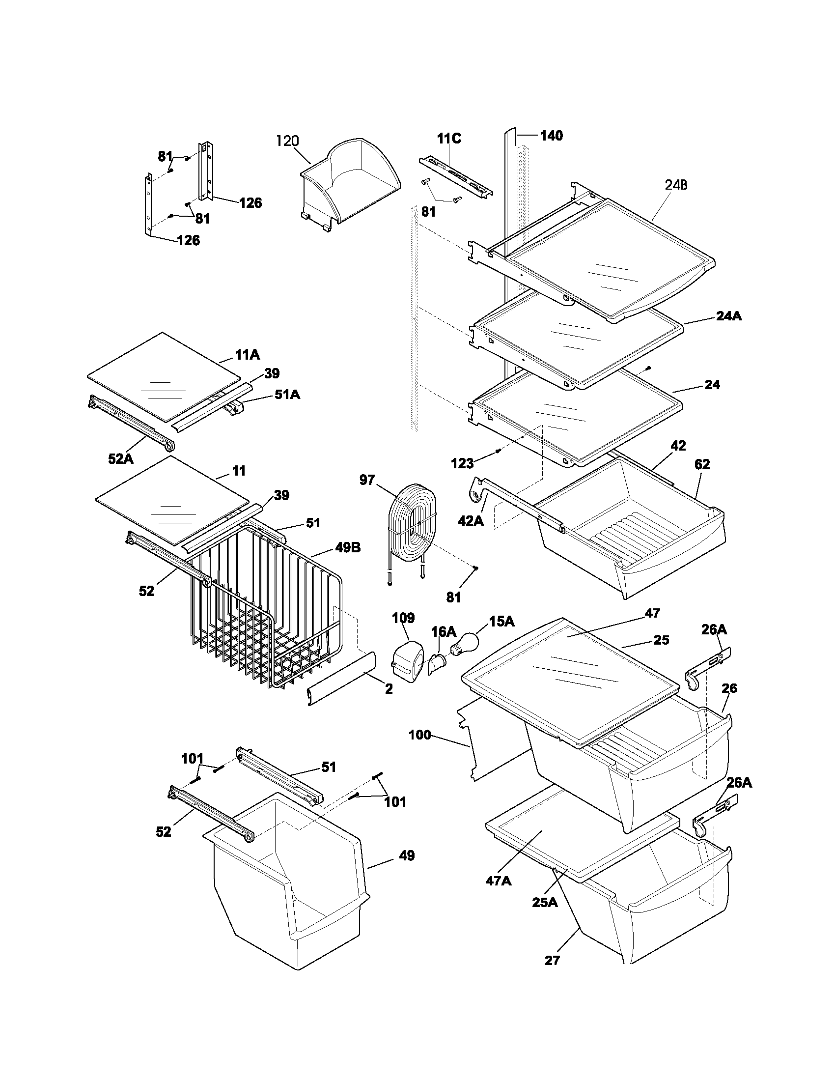 Frigidaire GLRS267ZCW1 shelves diagram