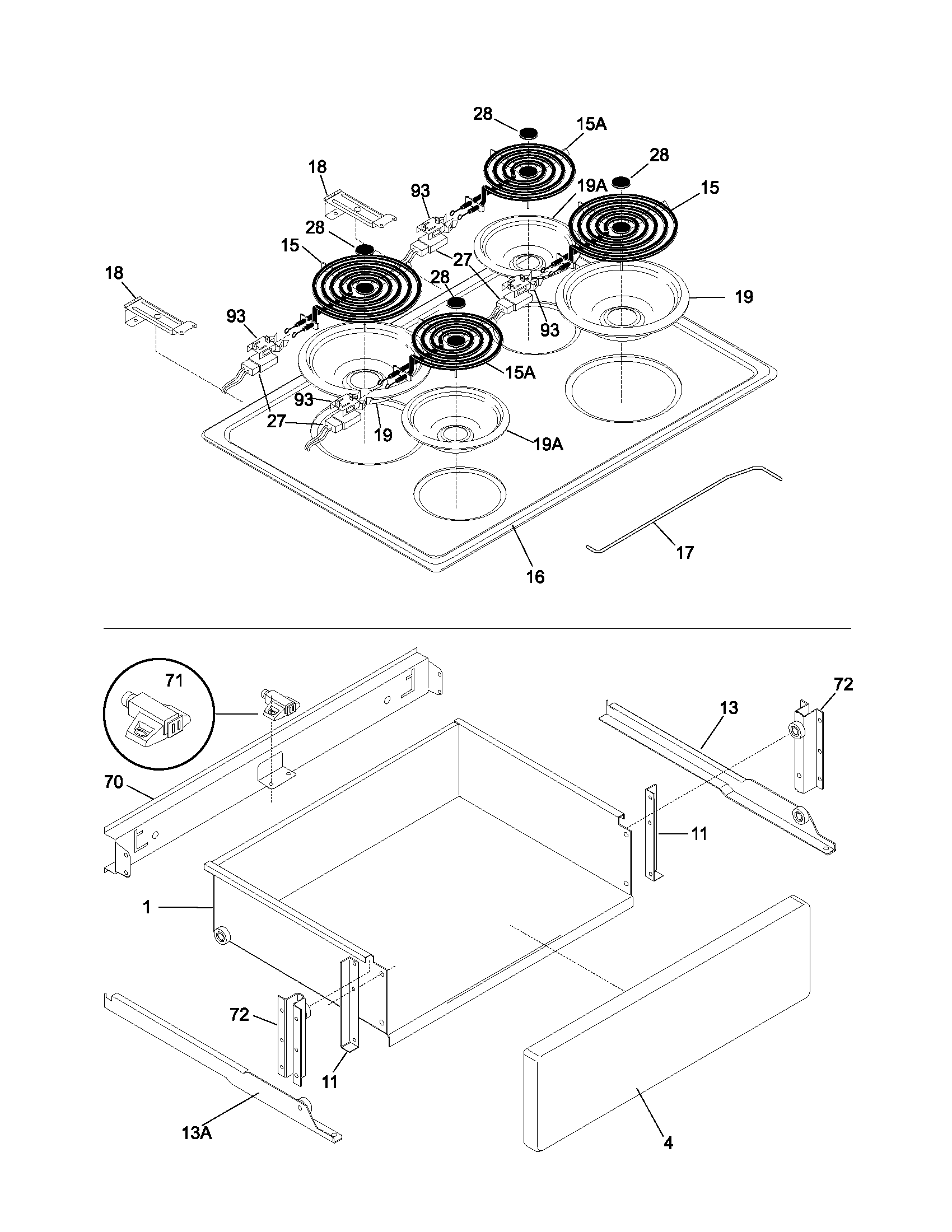 Frigidaire FES355DBA top/drawer diagram