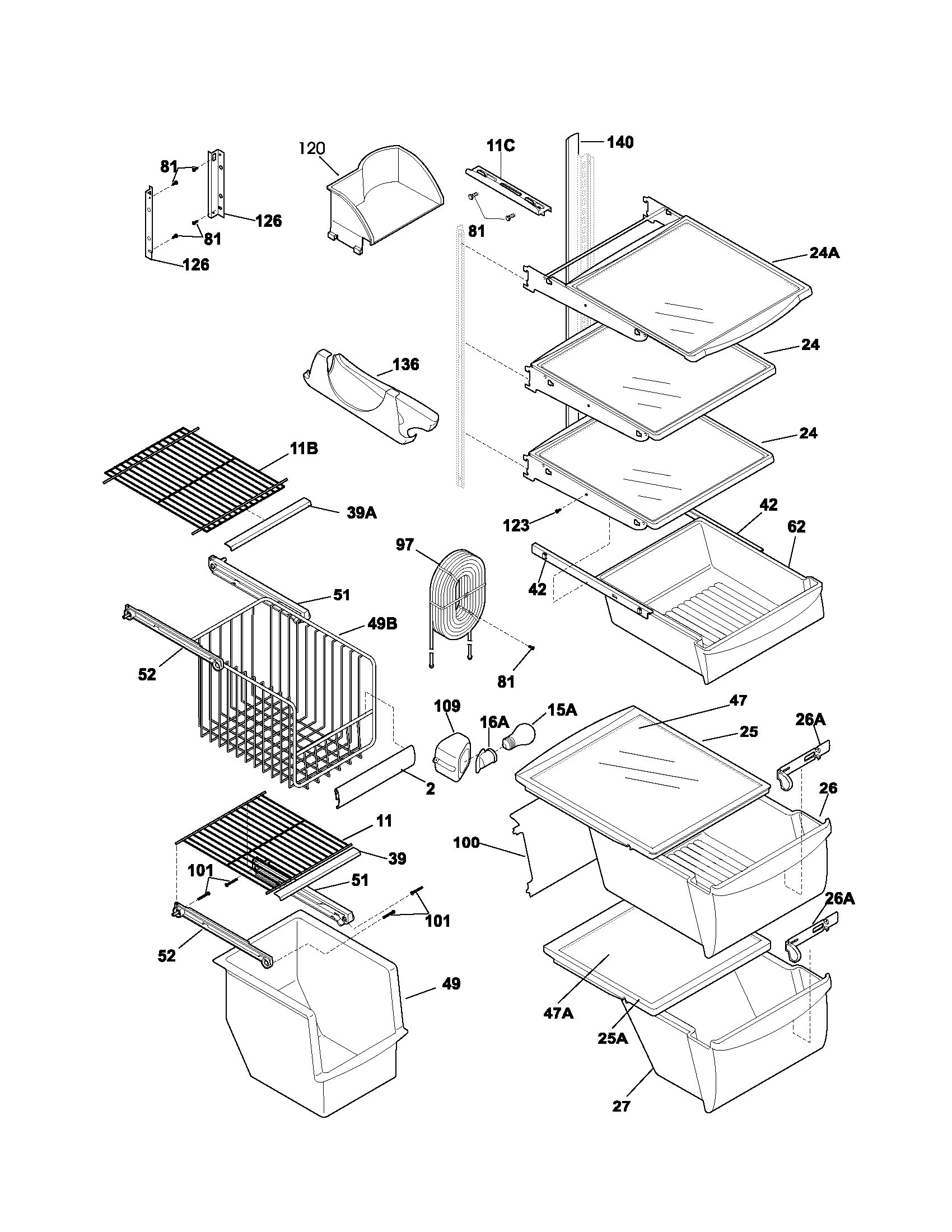 Frigidaire FRS26BH5CW2 shelves diagram