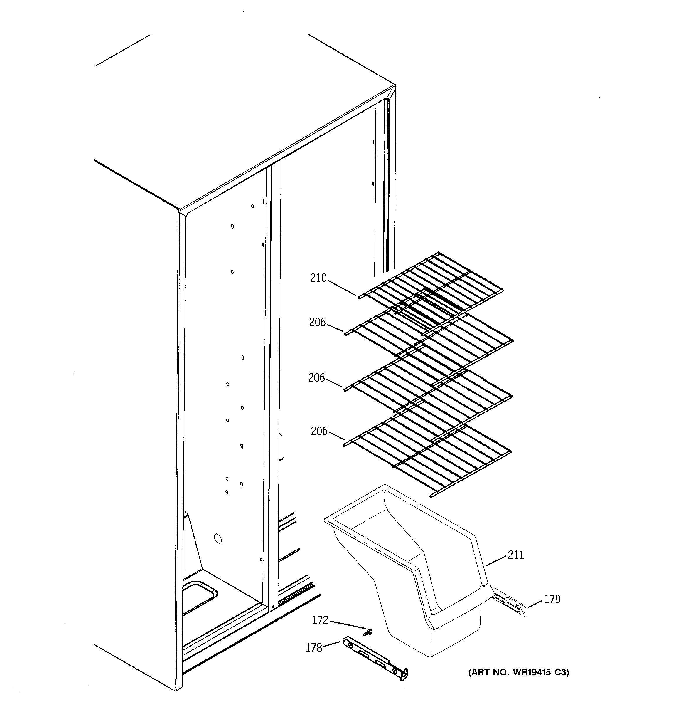 RCA RSG25KEPCFWW freezer shelves diagram