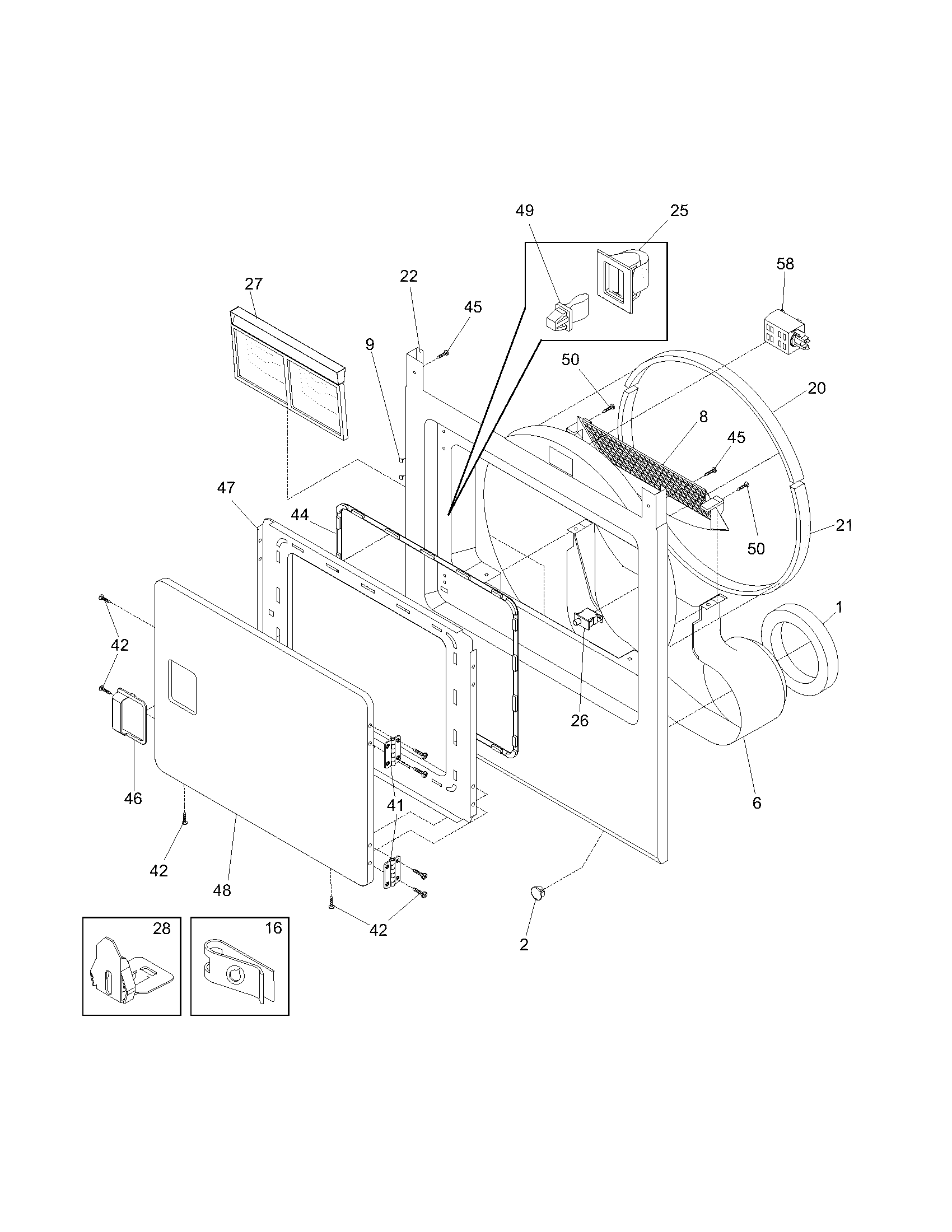 Frigidaire GLGQ942CS0 front panel/lint filter diagram