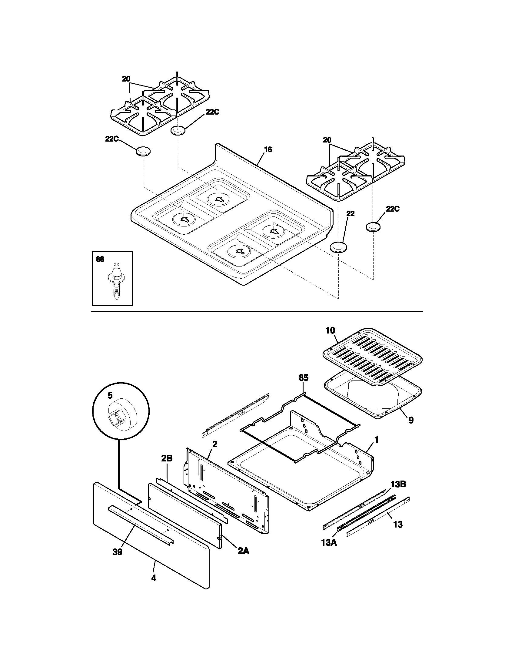 Tappan TGFS26CBB top/drawer diagram