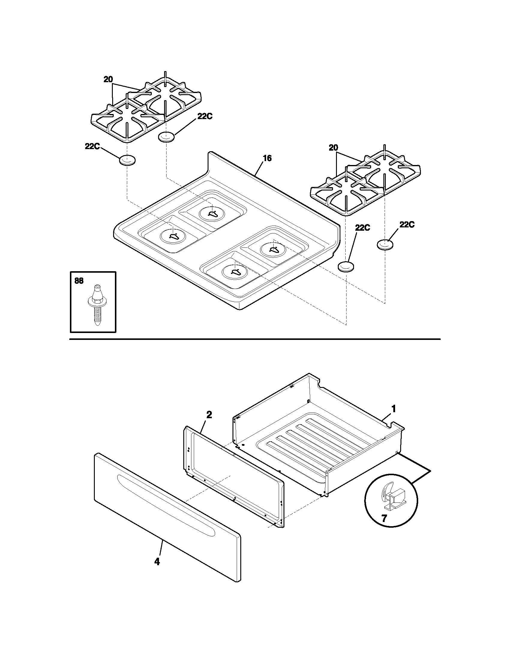 Frigidaire FGF356MXAWB top/drawer diagram