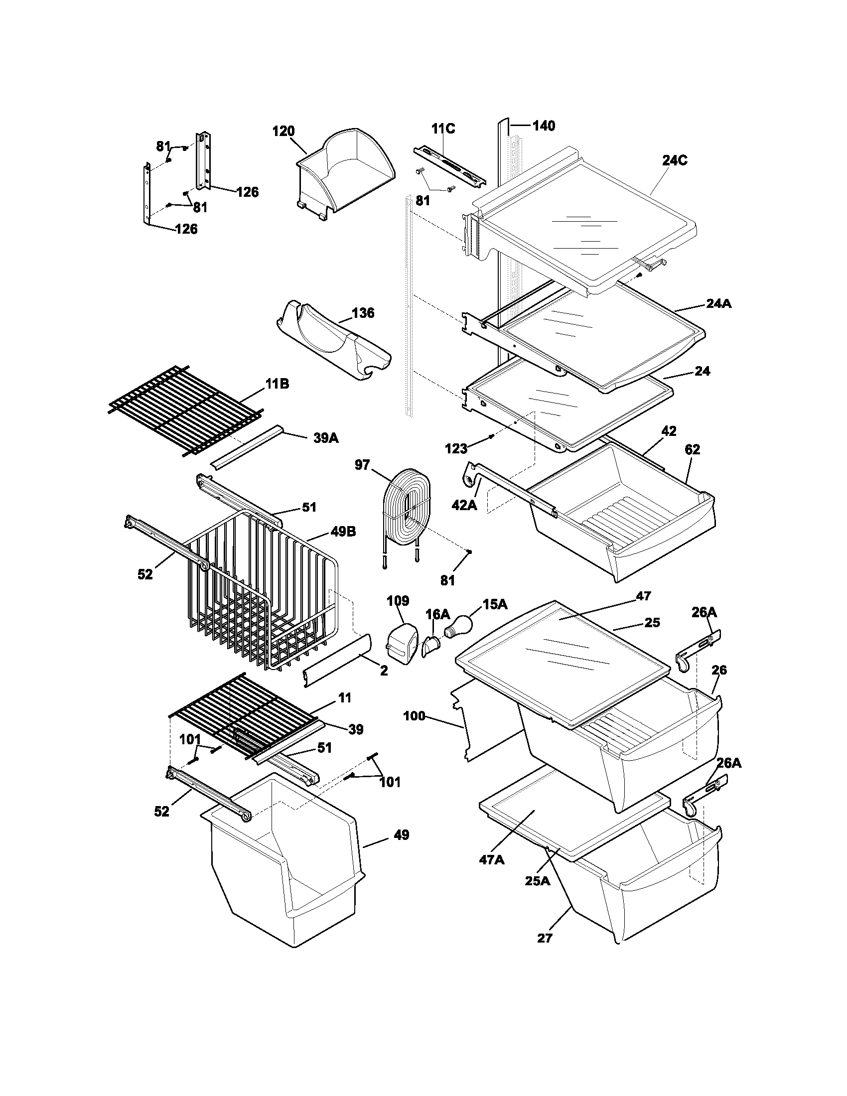 Frigidaire FRS26BH6CS4 shelves diagram