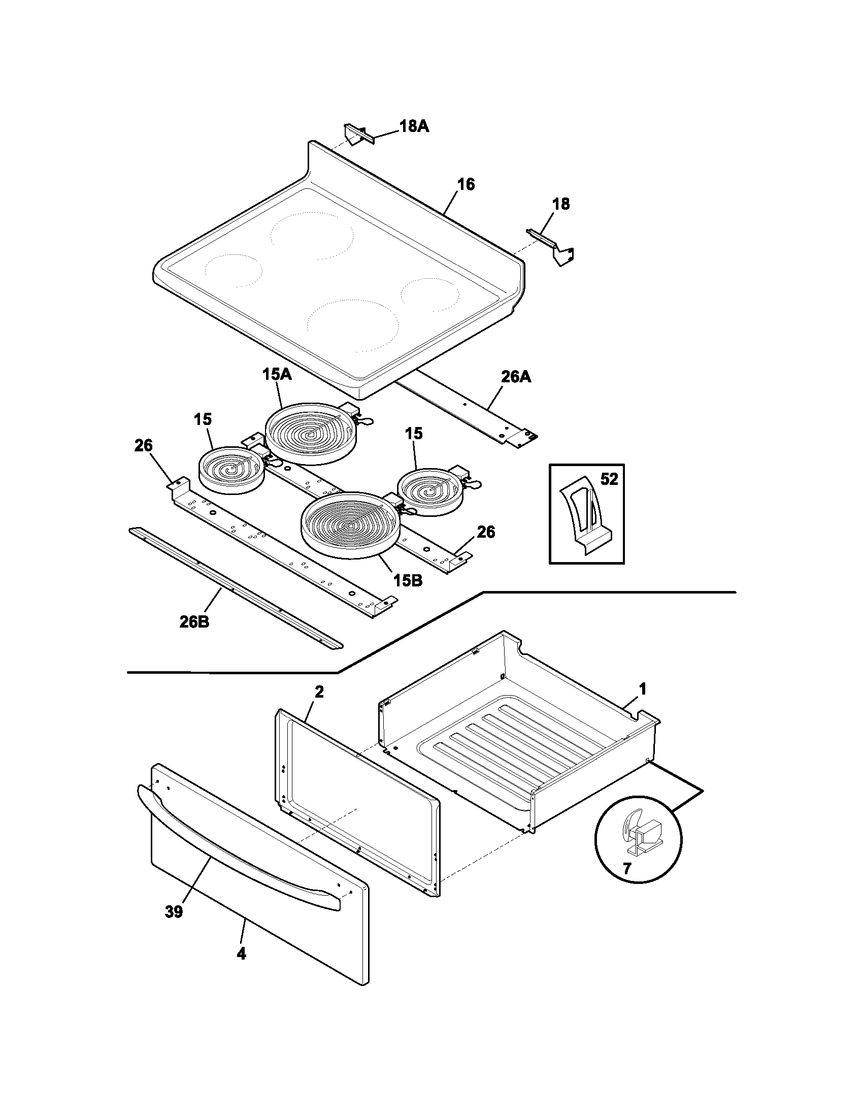 Frigidaire FEF366CCC top/drawer diagram
