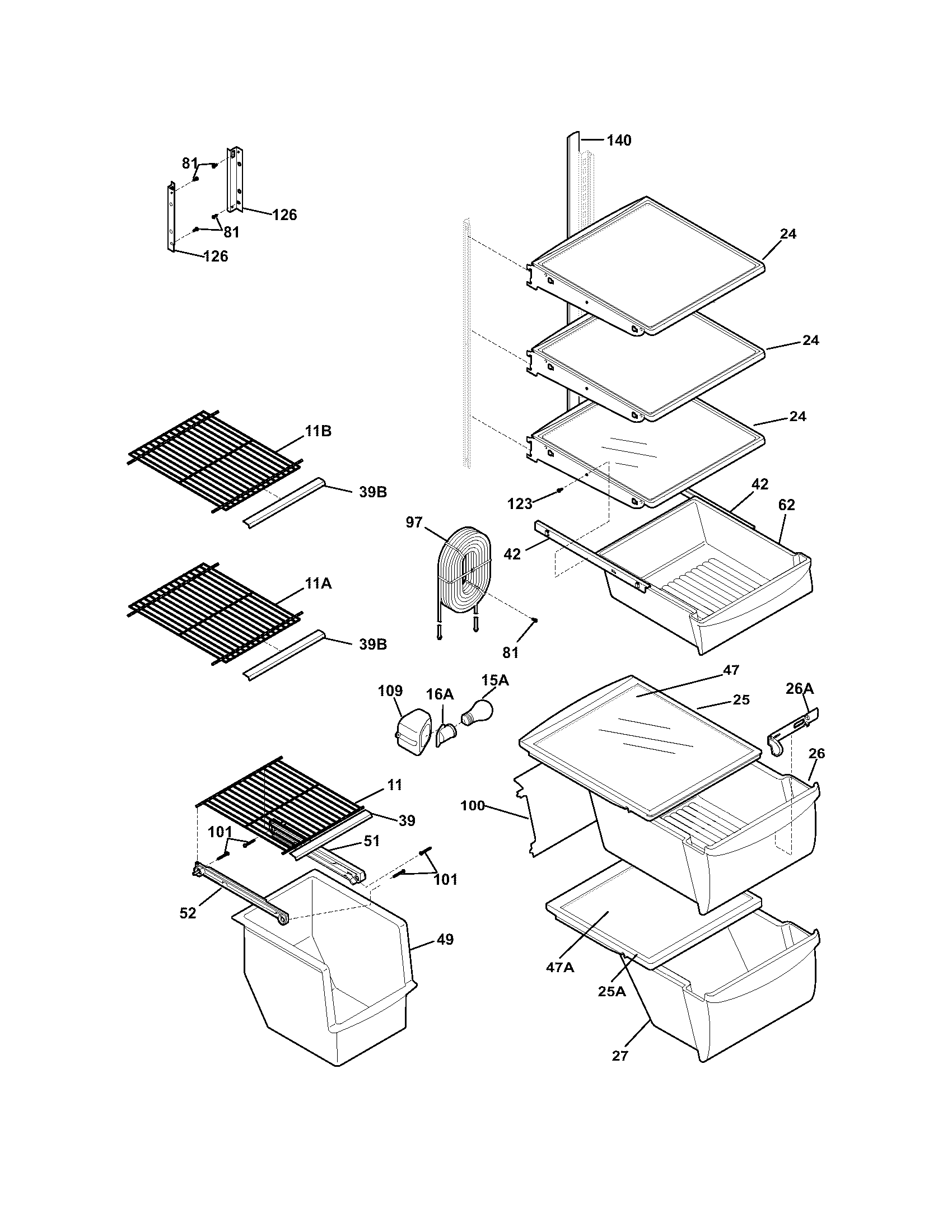 Frigidaire FRS26LR5CB0 shelves diagram