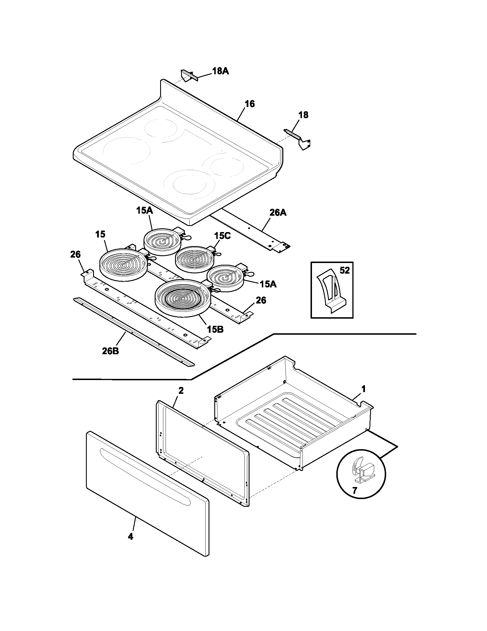 Frigidaire FEFB68CQC top/drawer diagram