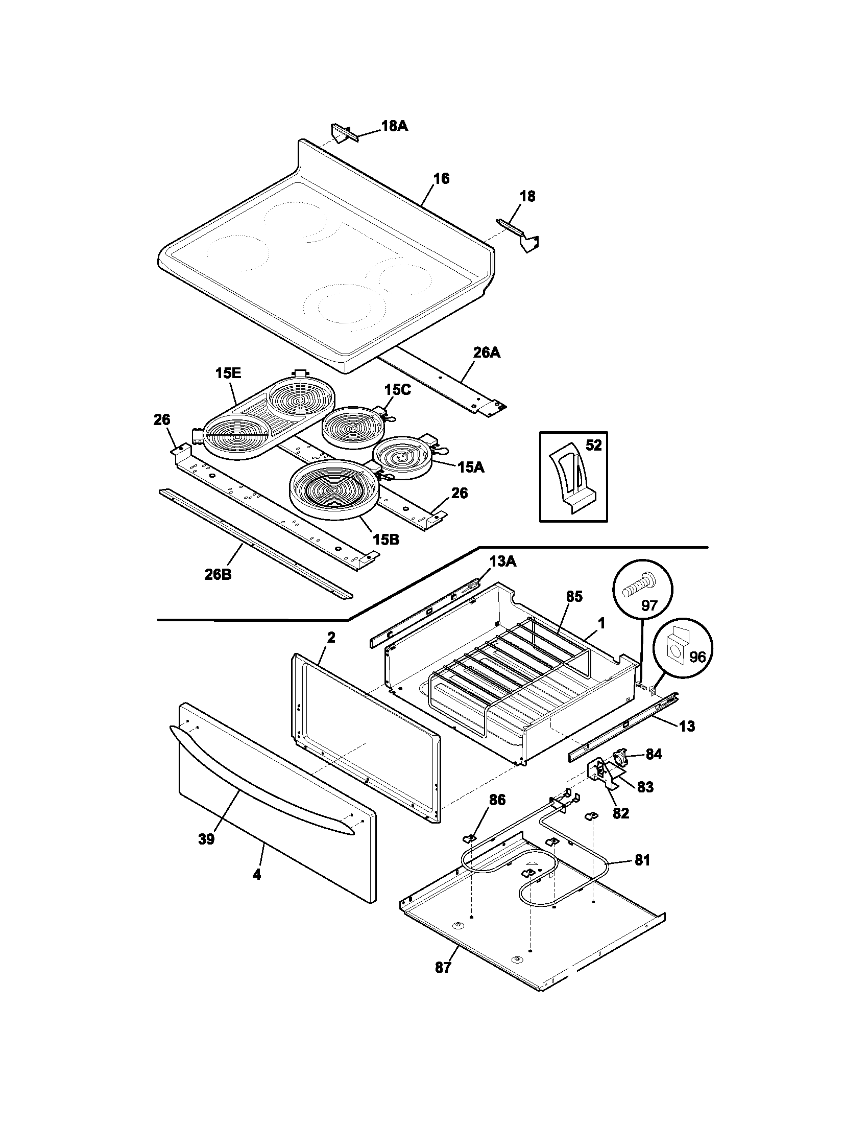 Frigidaire PLEF398CCD top/drawer diagram