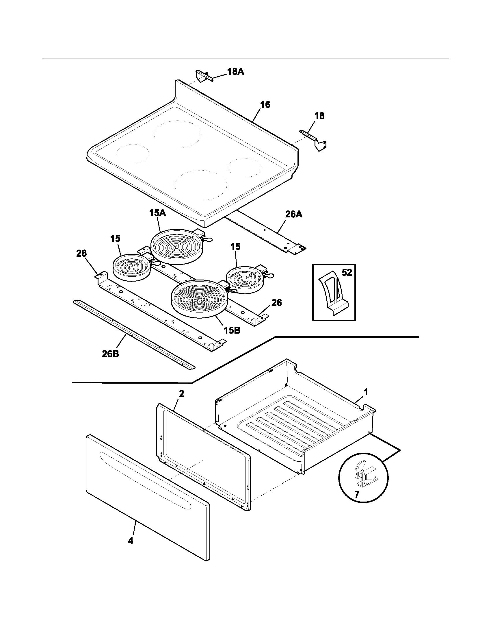 Frigidaire FEF365BWG top/drawer diagram