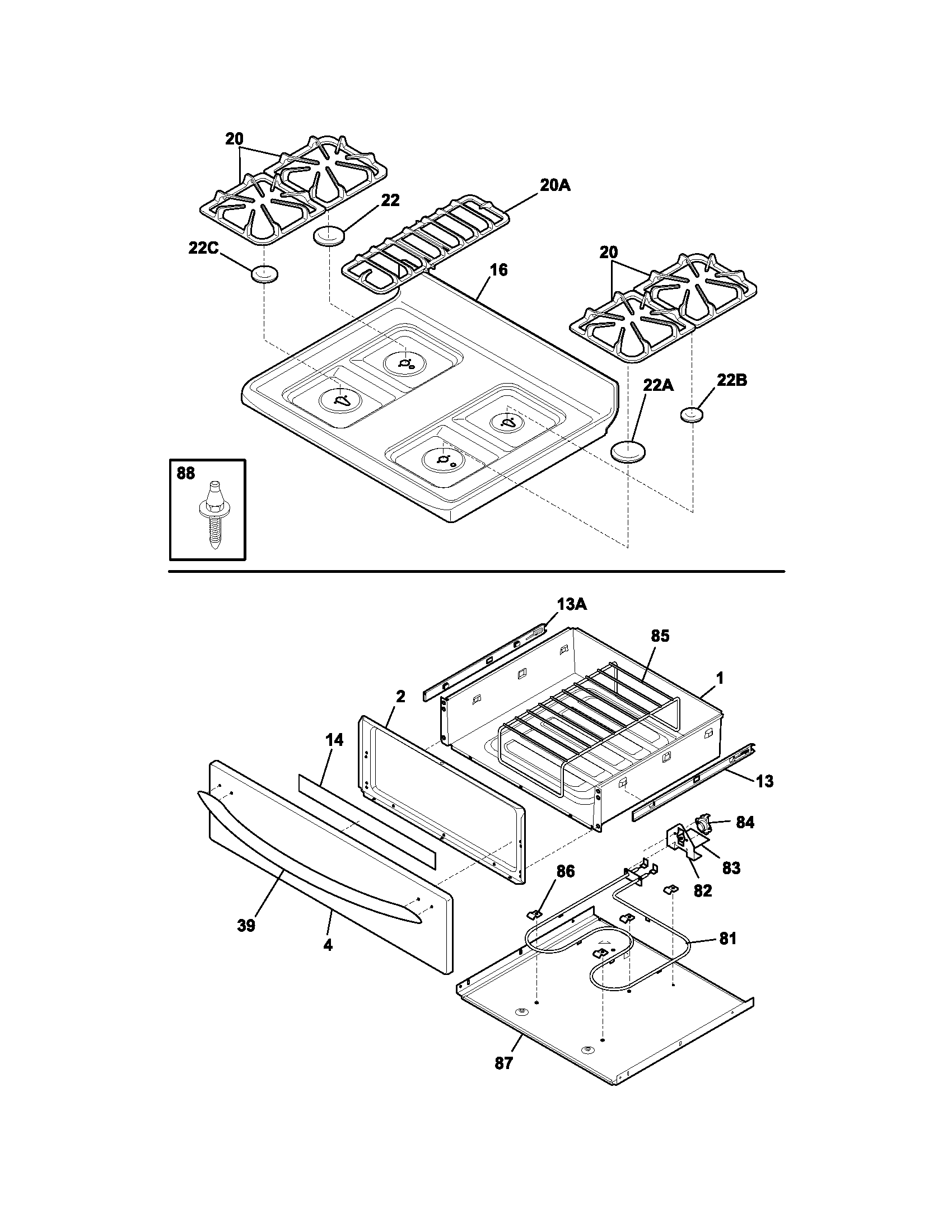 Frigidaire PLGF389CCD top/drawer diagram