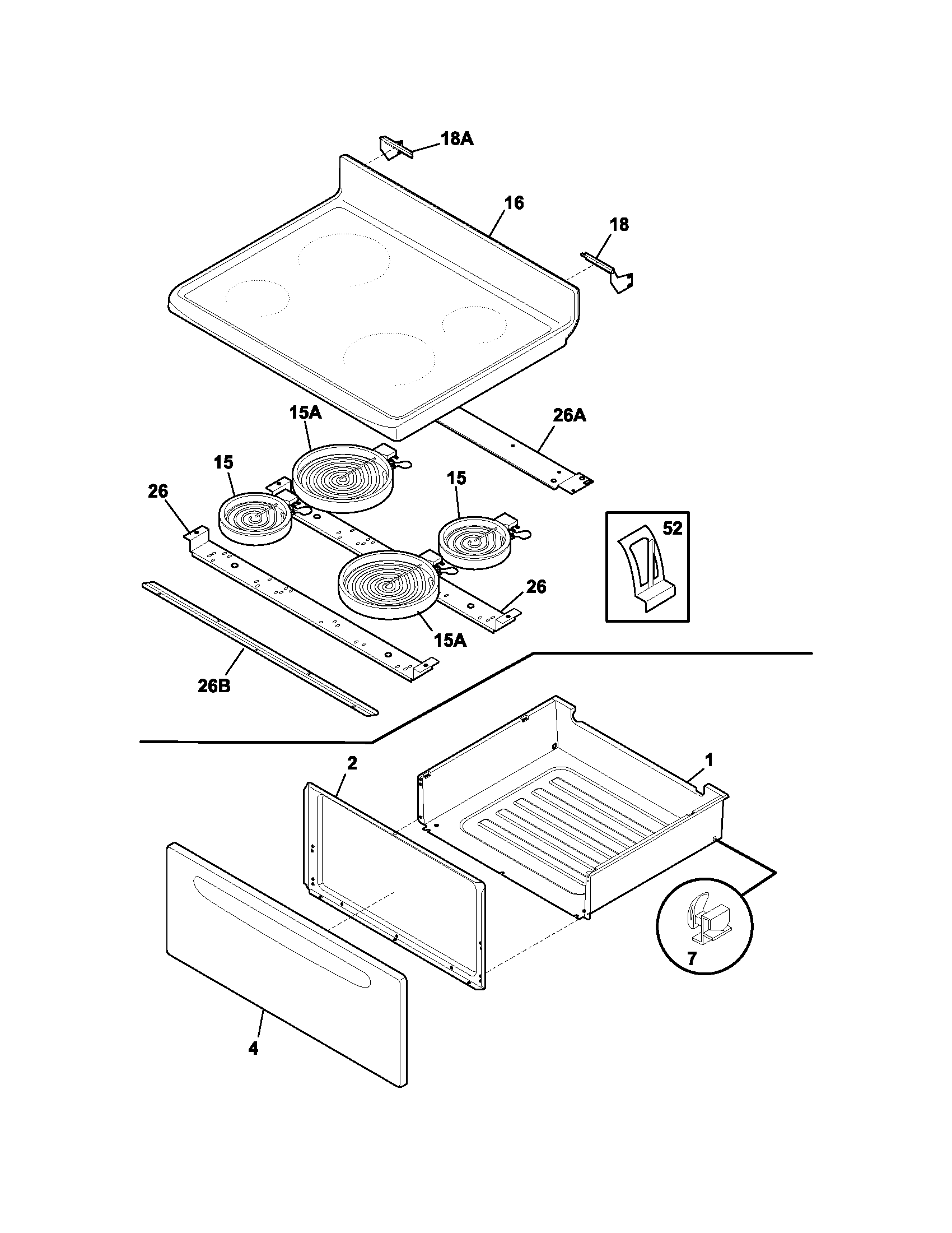 Frigidaire FEF376ASL top/drawer diagram