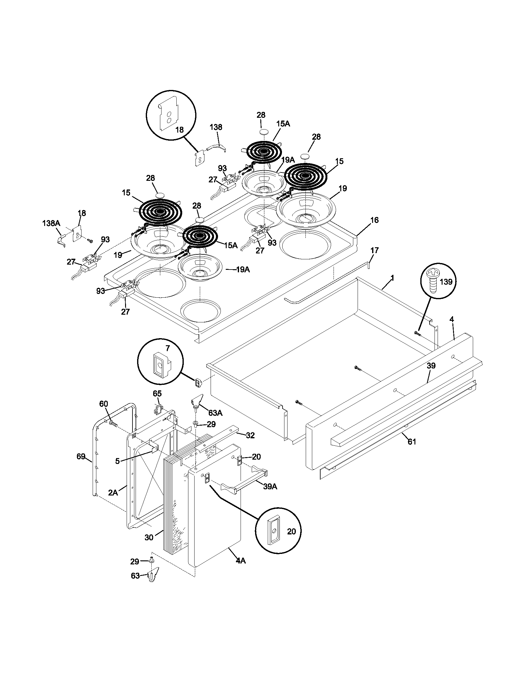 Frigidaire FEF450BWD top/drawer/small door diagram