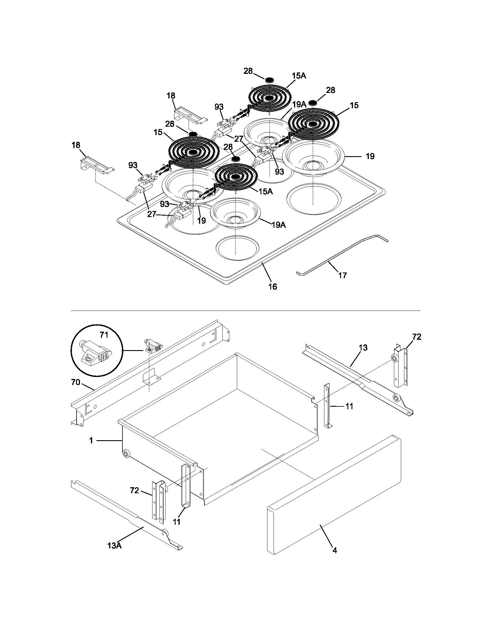 Frigidaire FES355DSB top/drawer diagram