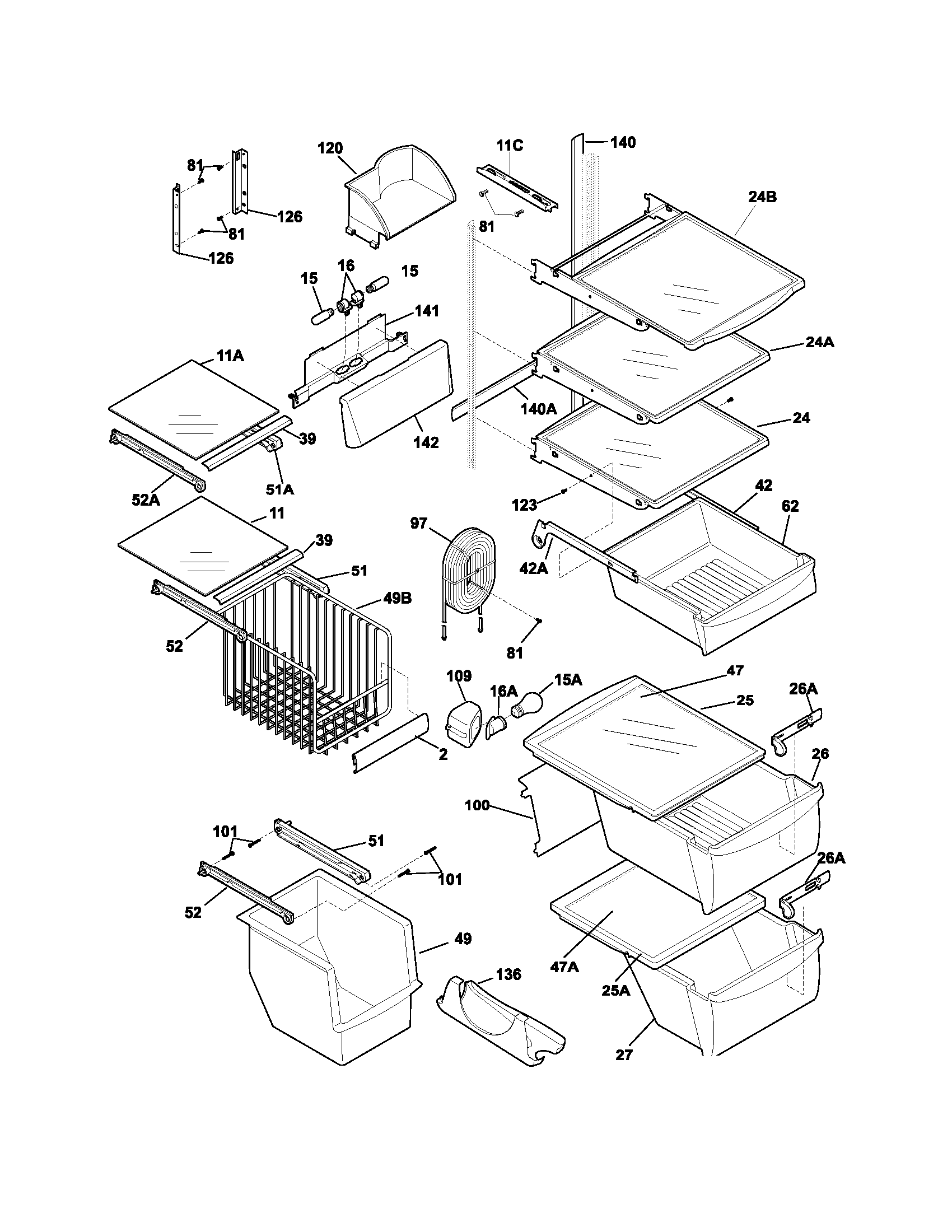 Frigidaire FRS26H7CW4 shelves diagram