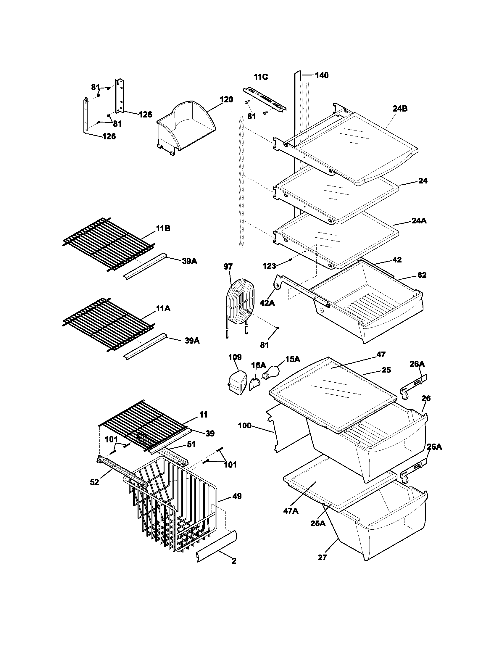 Frigidaire FRS26KF6CB4 shelves diagram