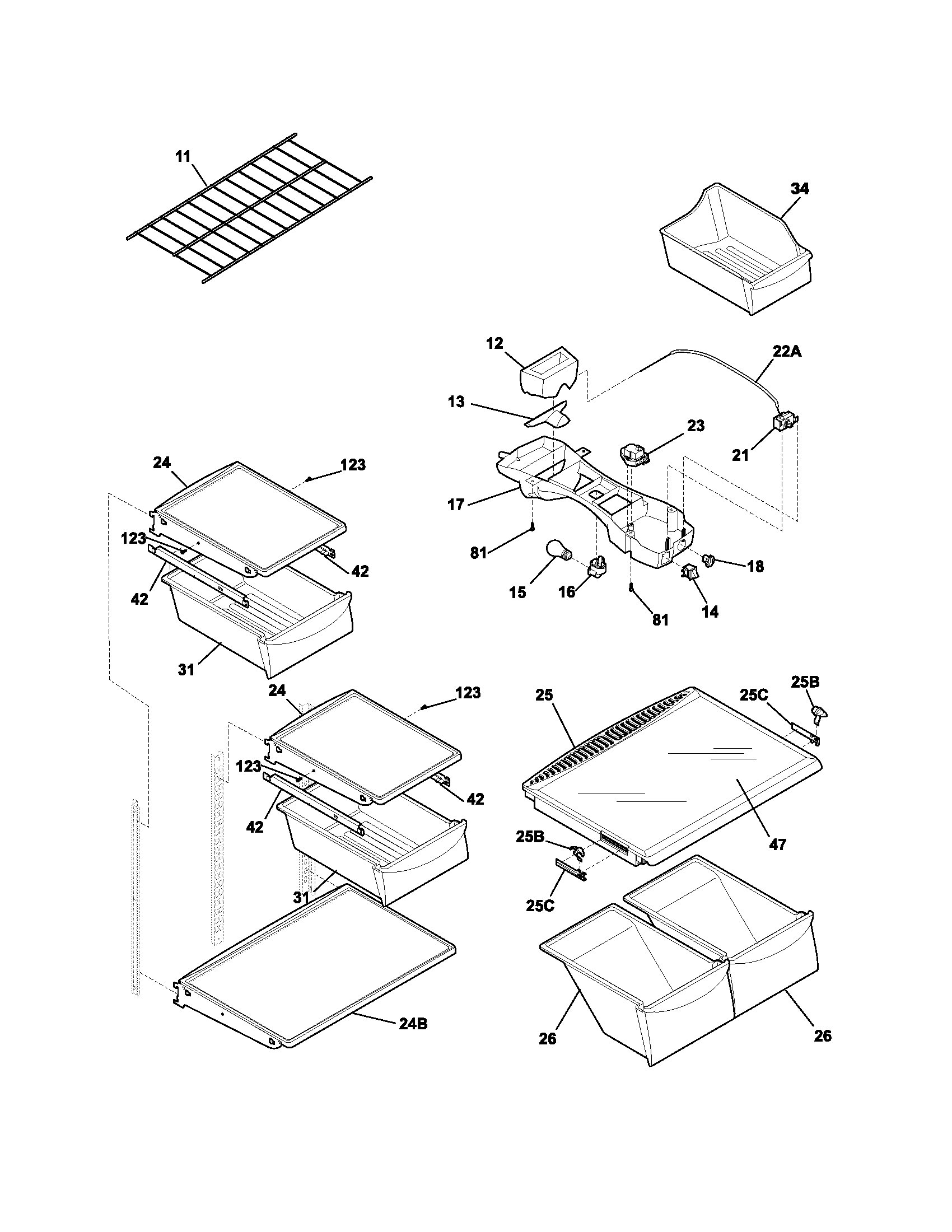 Frigidaire FRT21LR7AB9 shelves diagram