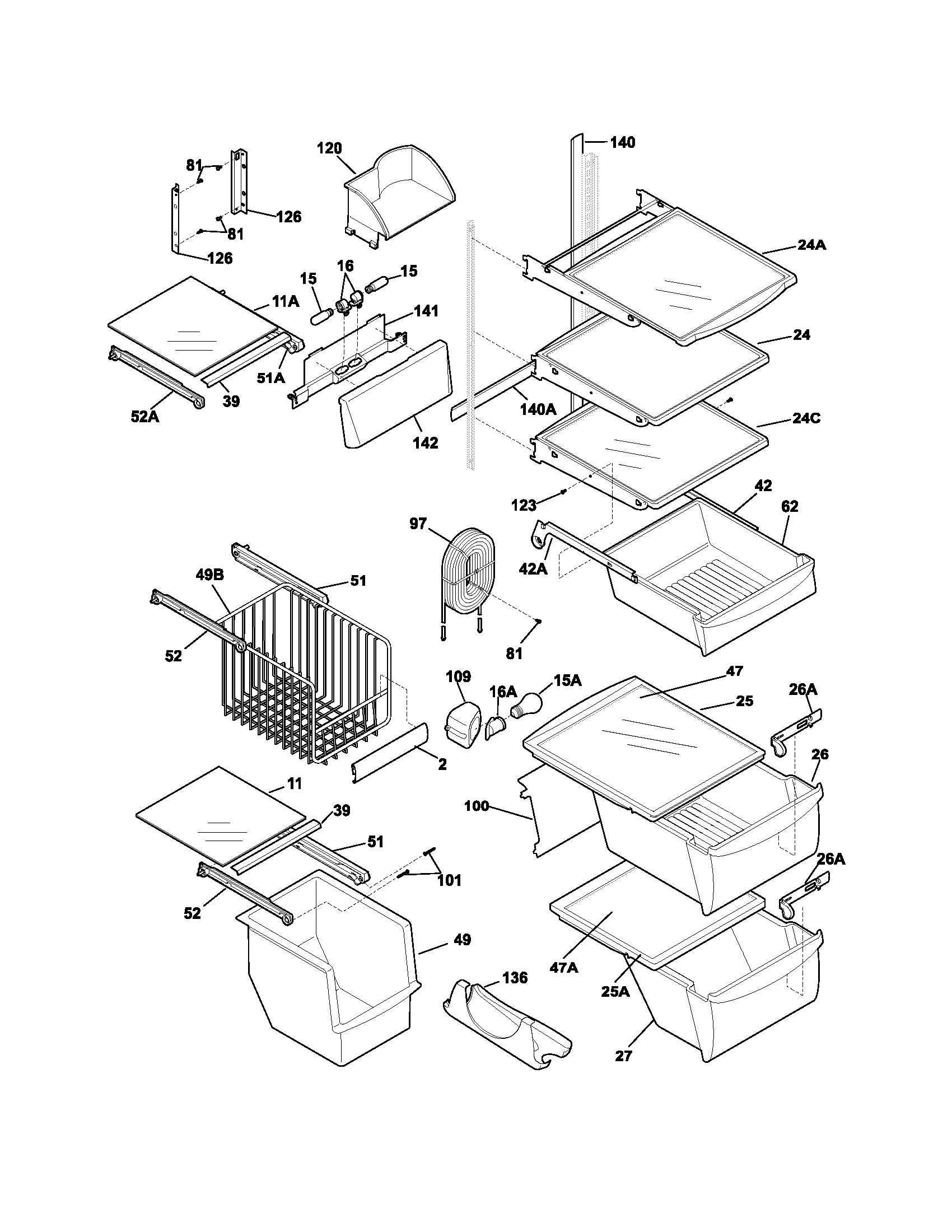 Frigidaire FRS23H7CW2 shelves diagram